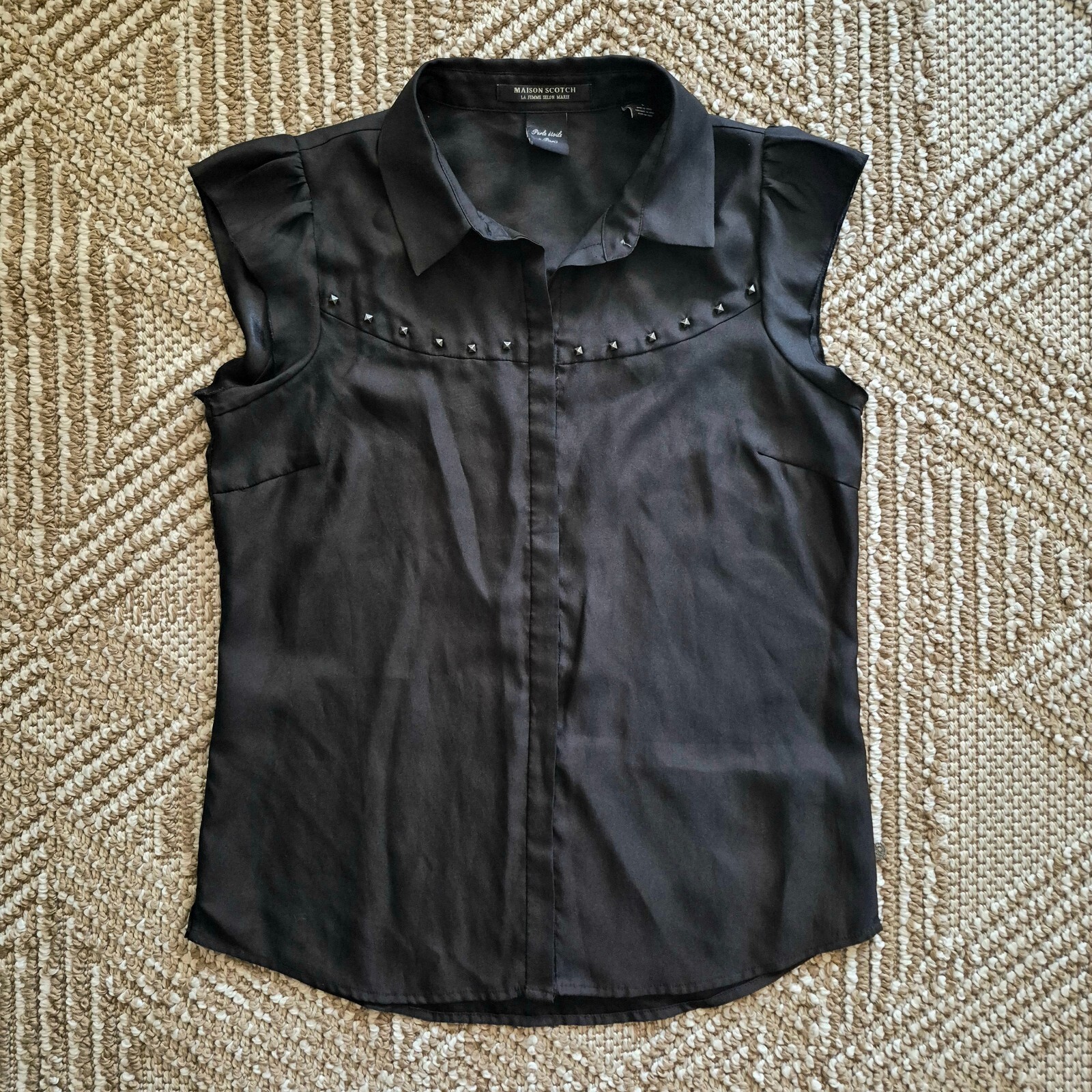Maison Scotch Black Satin Studded Yoke Top Edgy Indie Sleaze Sleek Rocker 1 S M