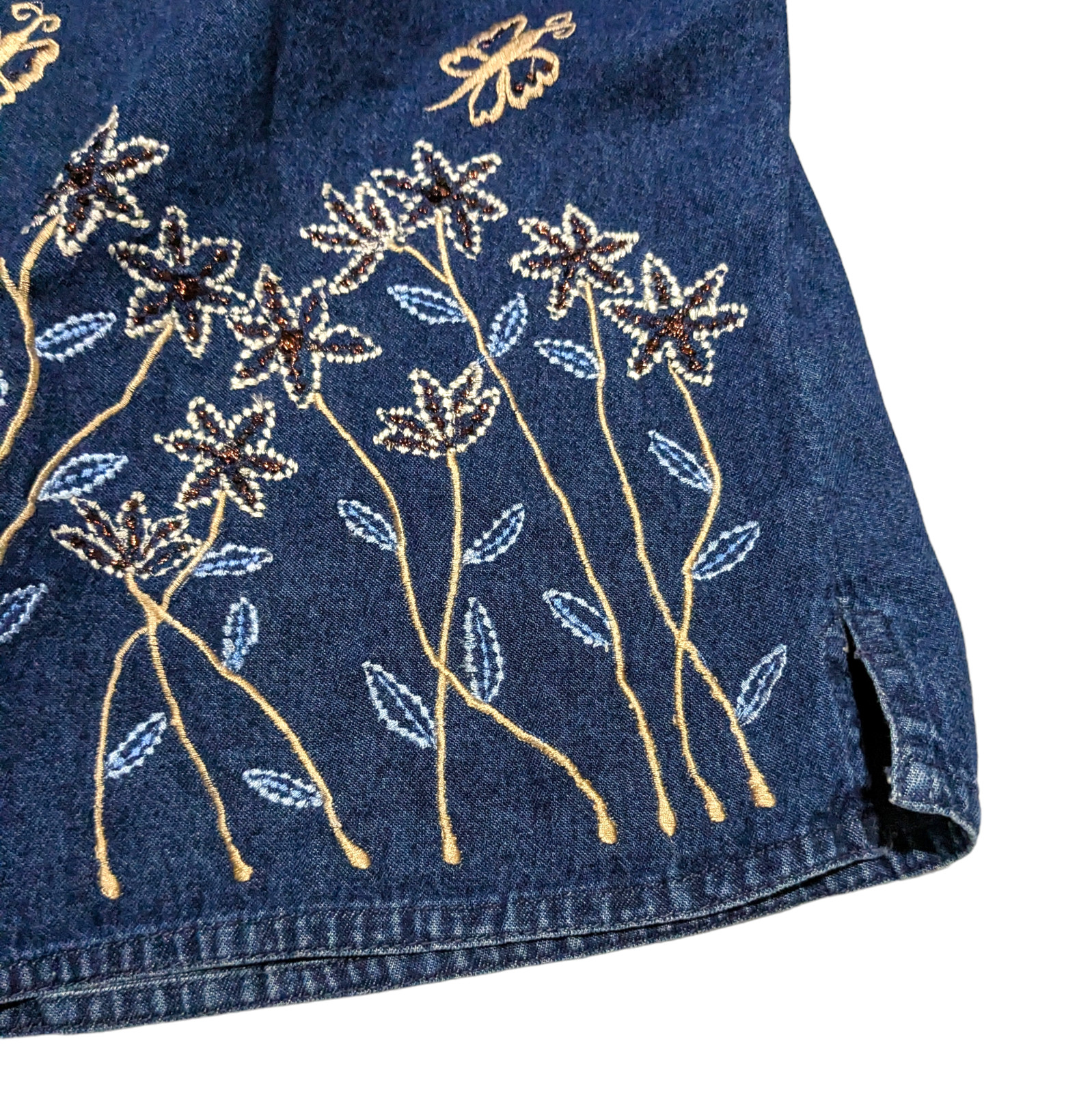 Vintage 90s Passport Denim Embroidered Top Size M Off The Shoulder Floral Boho