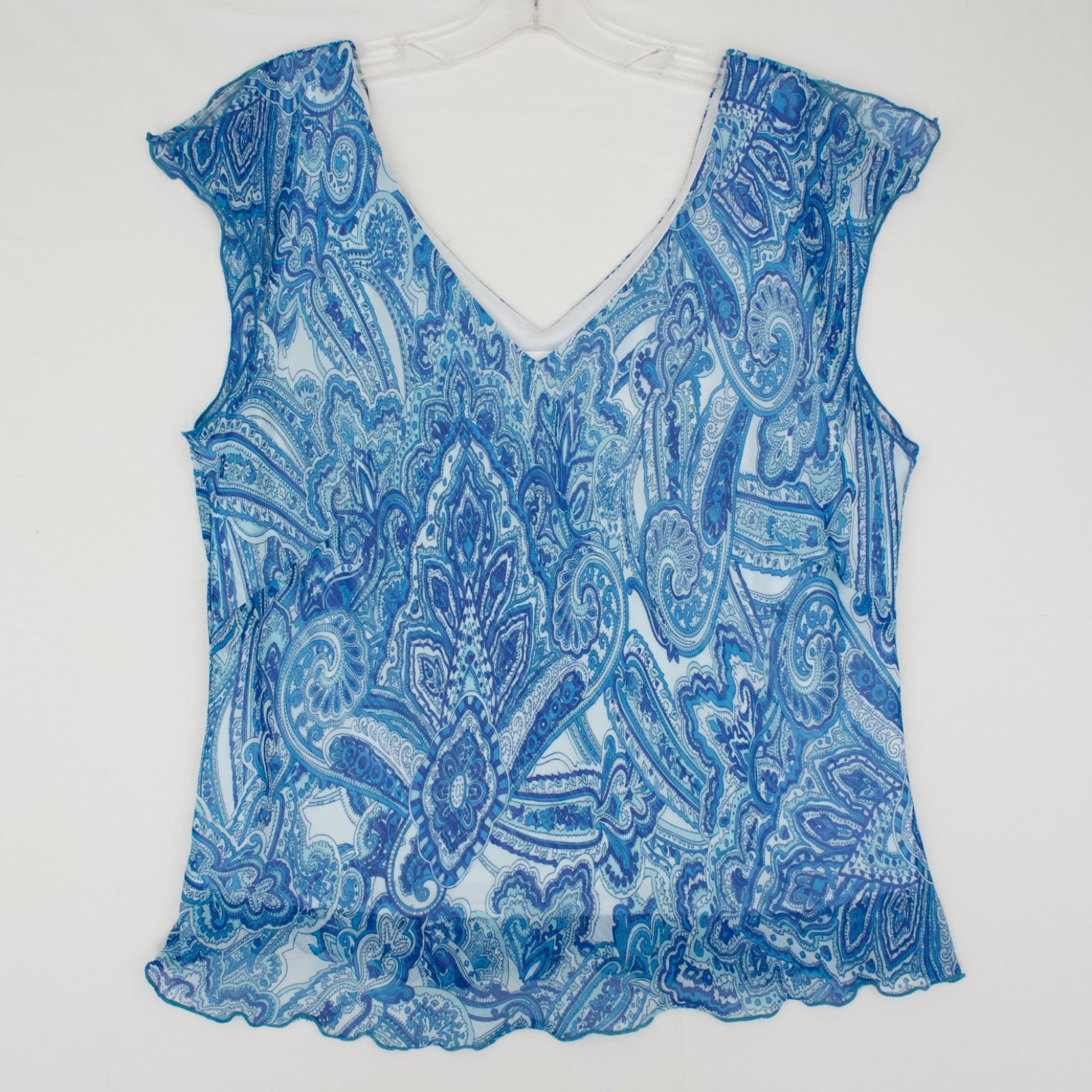 Studio I Sheer Chiffon Paisley Top Sz 14 Blue Flutter Sleeve Blouse Boho Fairy