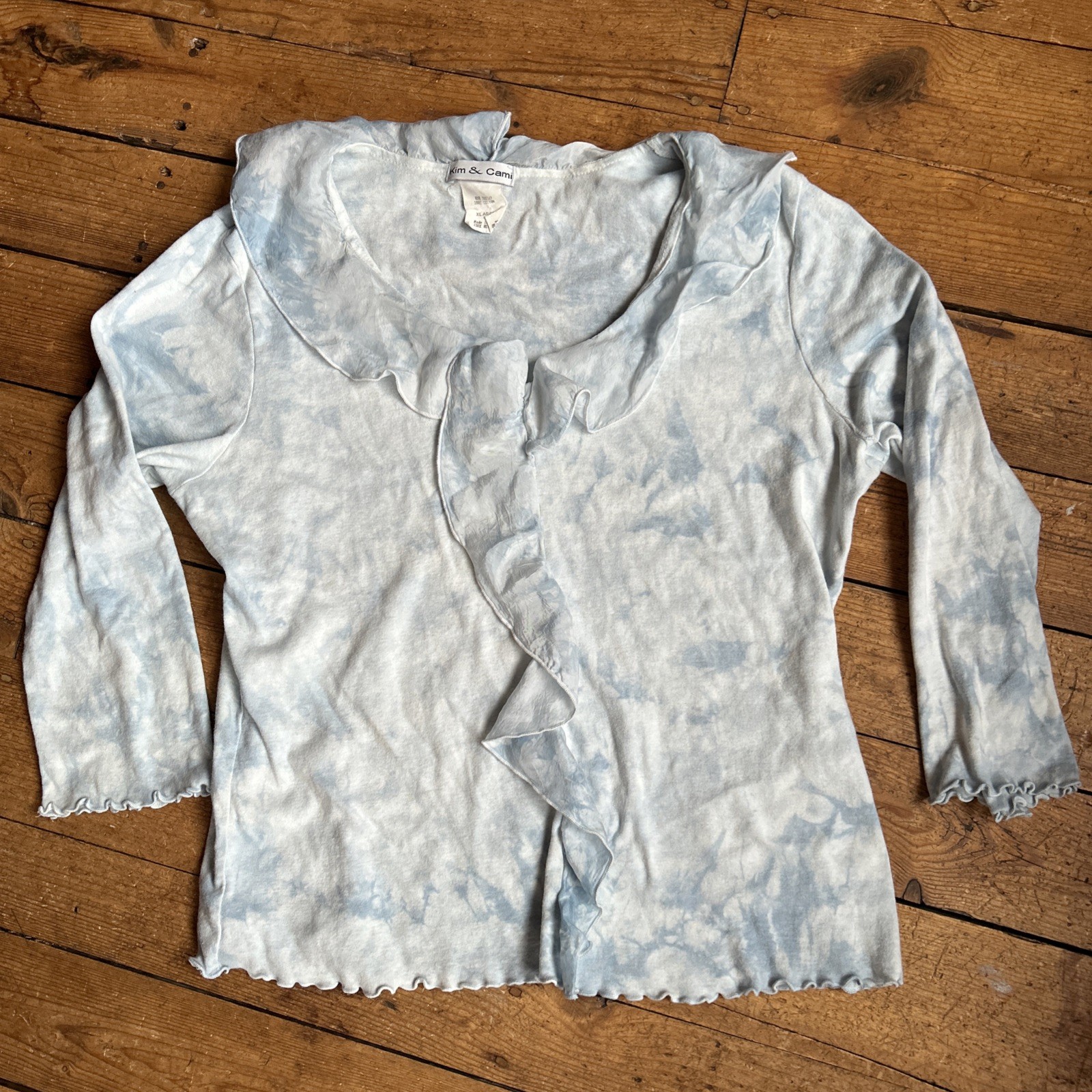 Kim & Cami Womens Top XL Blue Crystal Tie Dye Ruffle Neck soft garment dye cloud