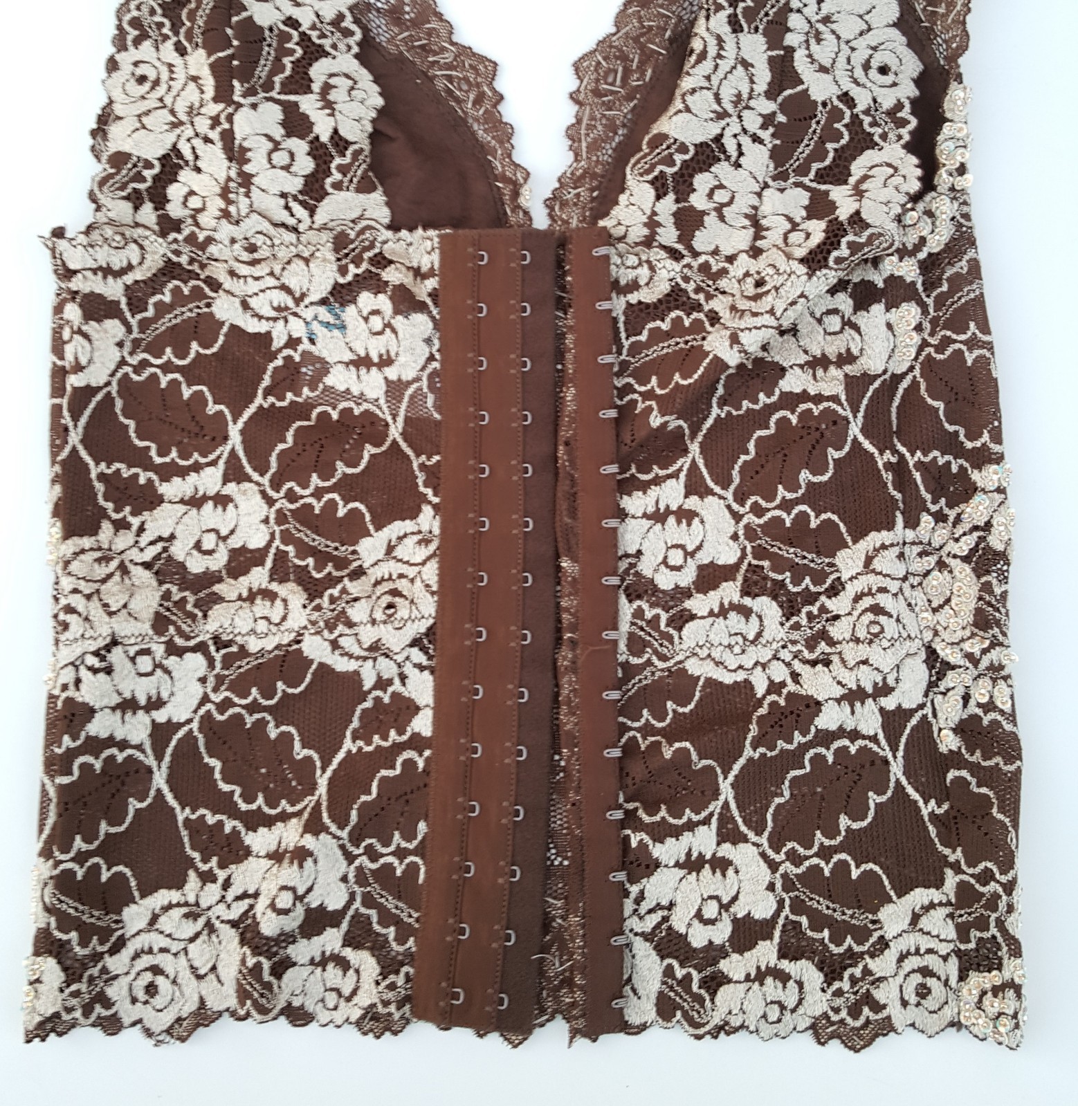 SEQUINNED LACE TOP CAMI WAIST LENGTH BLOUSE IN BROWN BEIGE COLOR HAND BEADED.