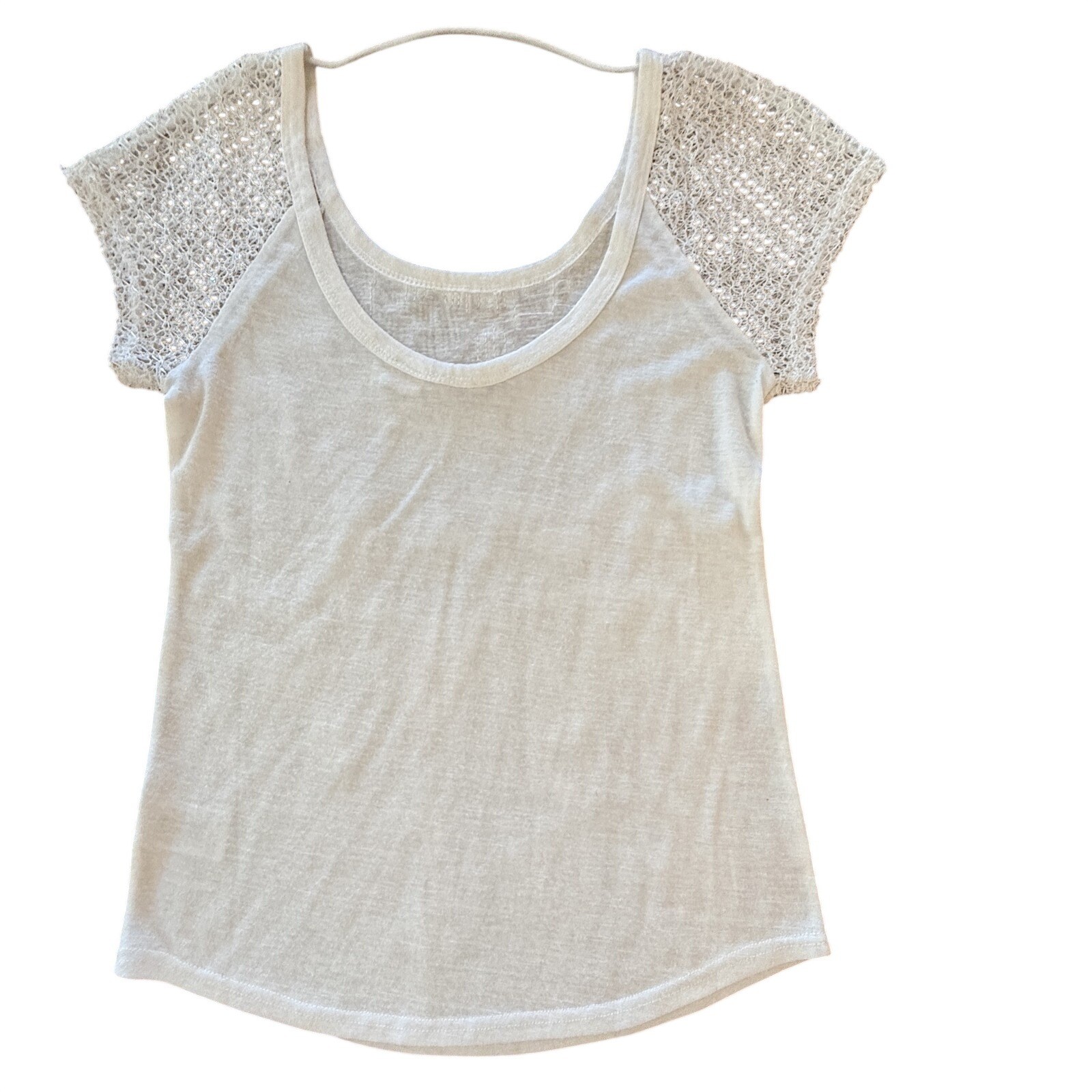Miss Me Womens Top Size XS Cream Sequin Floral Lace Sleeve Boho Short Sleeve