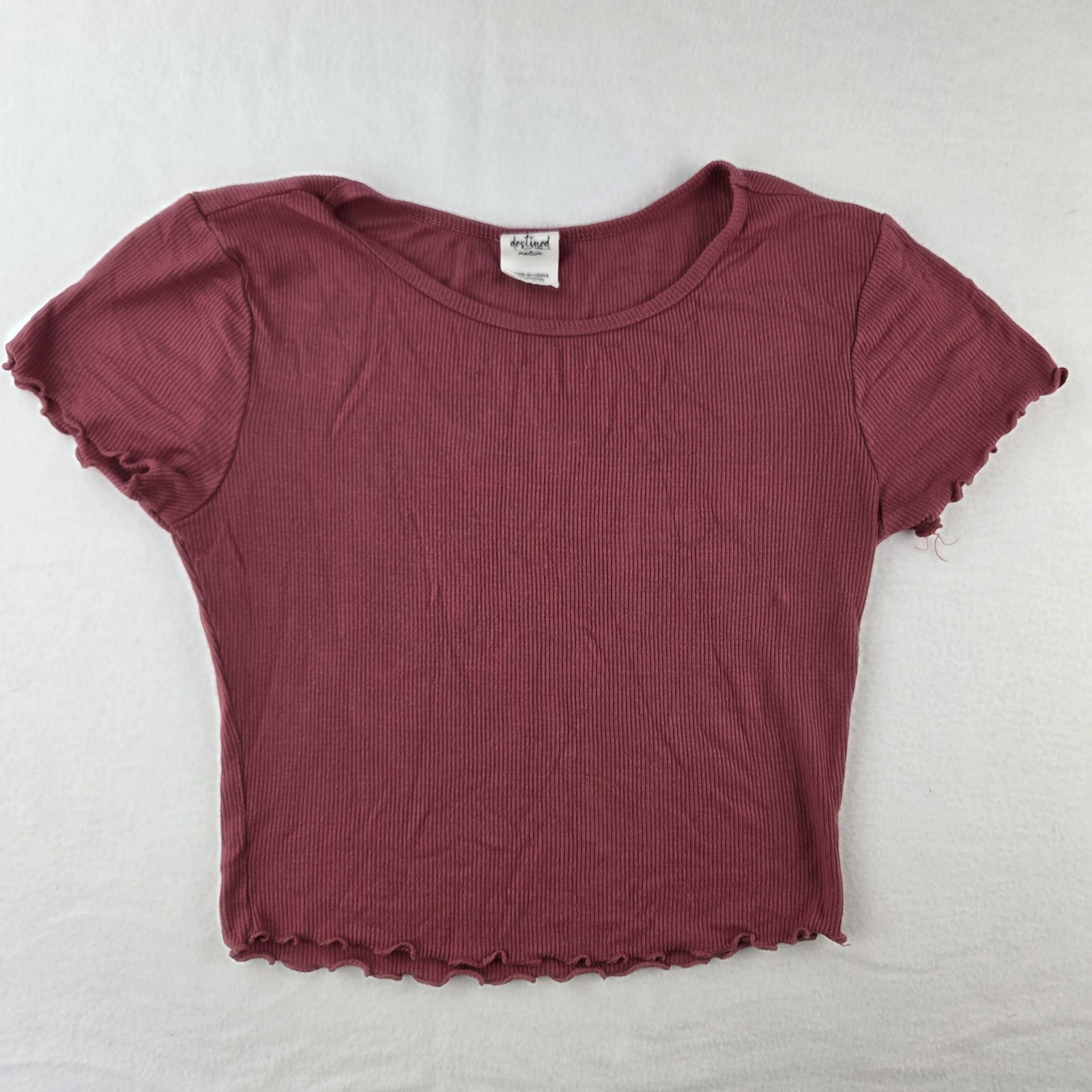 Destined Women’s Medium Ribbed Short Sleeve Lettuce Edge Crop Top Mauve