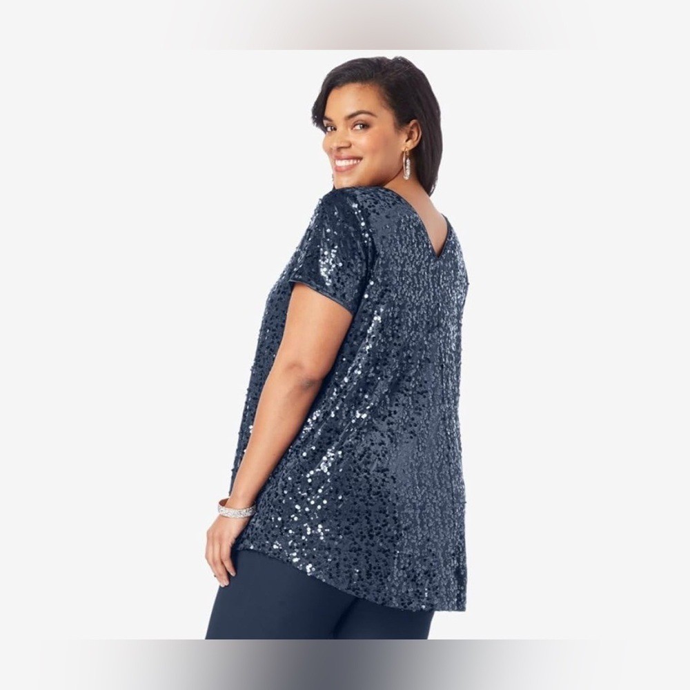 (A4) Roaman’s Sequin Tunic Top Size 30W Plus Size Blue Sparkle Party Blouse Like