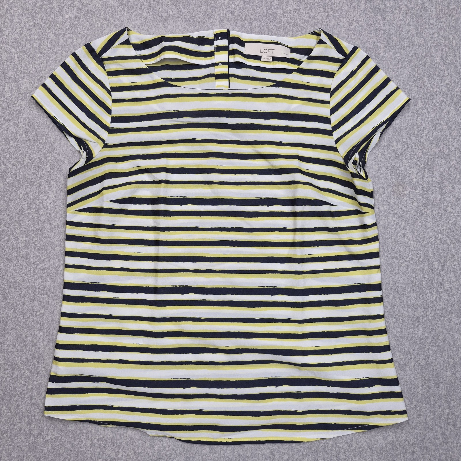 LOFT Petites Shirt Womens M Striped Short Sleeve Top Navy Lime Green Boatneck