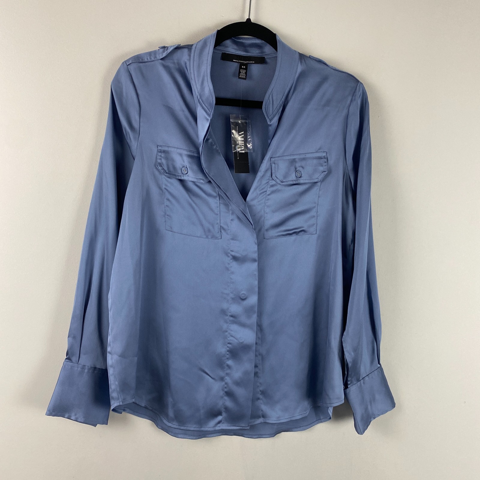 White House Black Market Satin Button Up Shirt Size XS Blue Long Sleeve