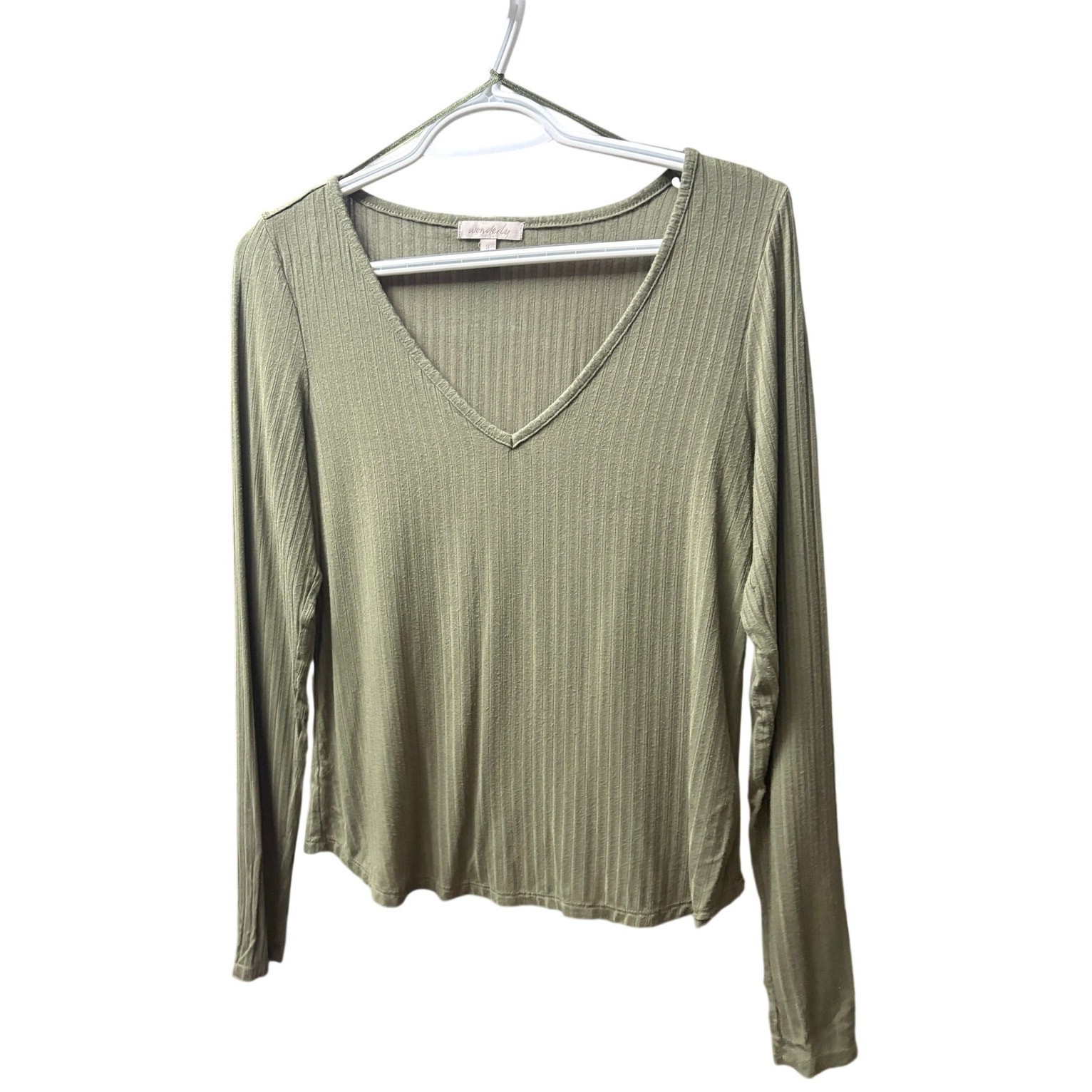 Preloved-S-Wonderly Olive Green Ribbed V-Neck Top