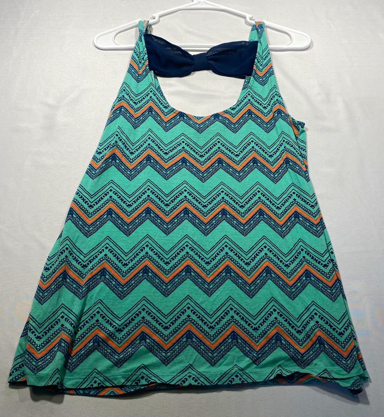 rue21 Women’s L Knit Tank Top Scoop Neck Chevron Bow Back Stretch Turquoise