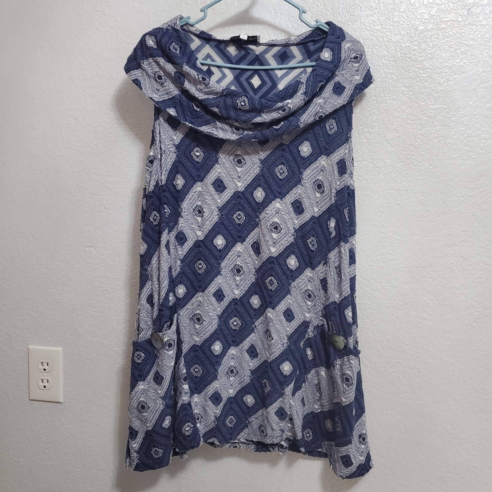 Neon Buddha Top Women L Blue Patchwork Cowl Neck Sleeveless Pockets Boho Hippie