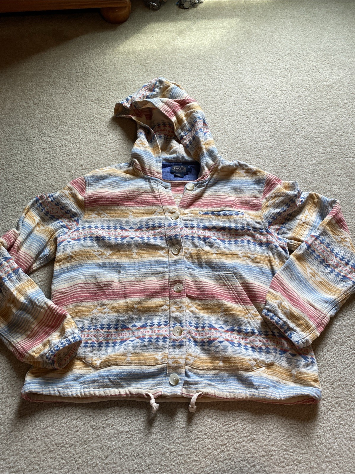 Pendleton L Cotton Jacquard Hood Jacket Southwest Stripe Button Front Drawcord