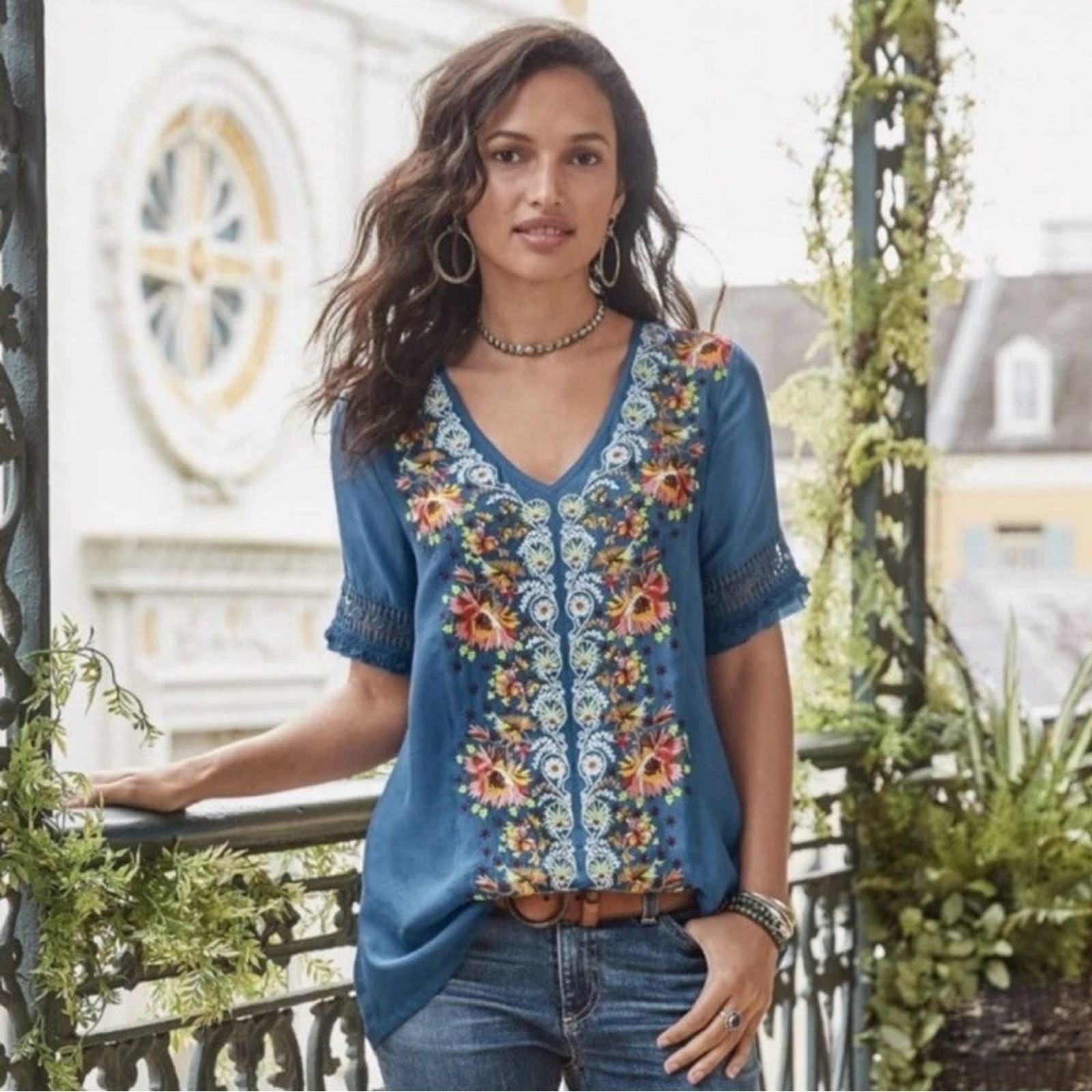 Sundance Embroidered Rossi Floral Top Cupro Short Sleeve Womens XS