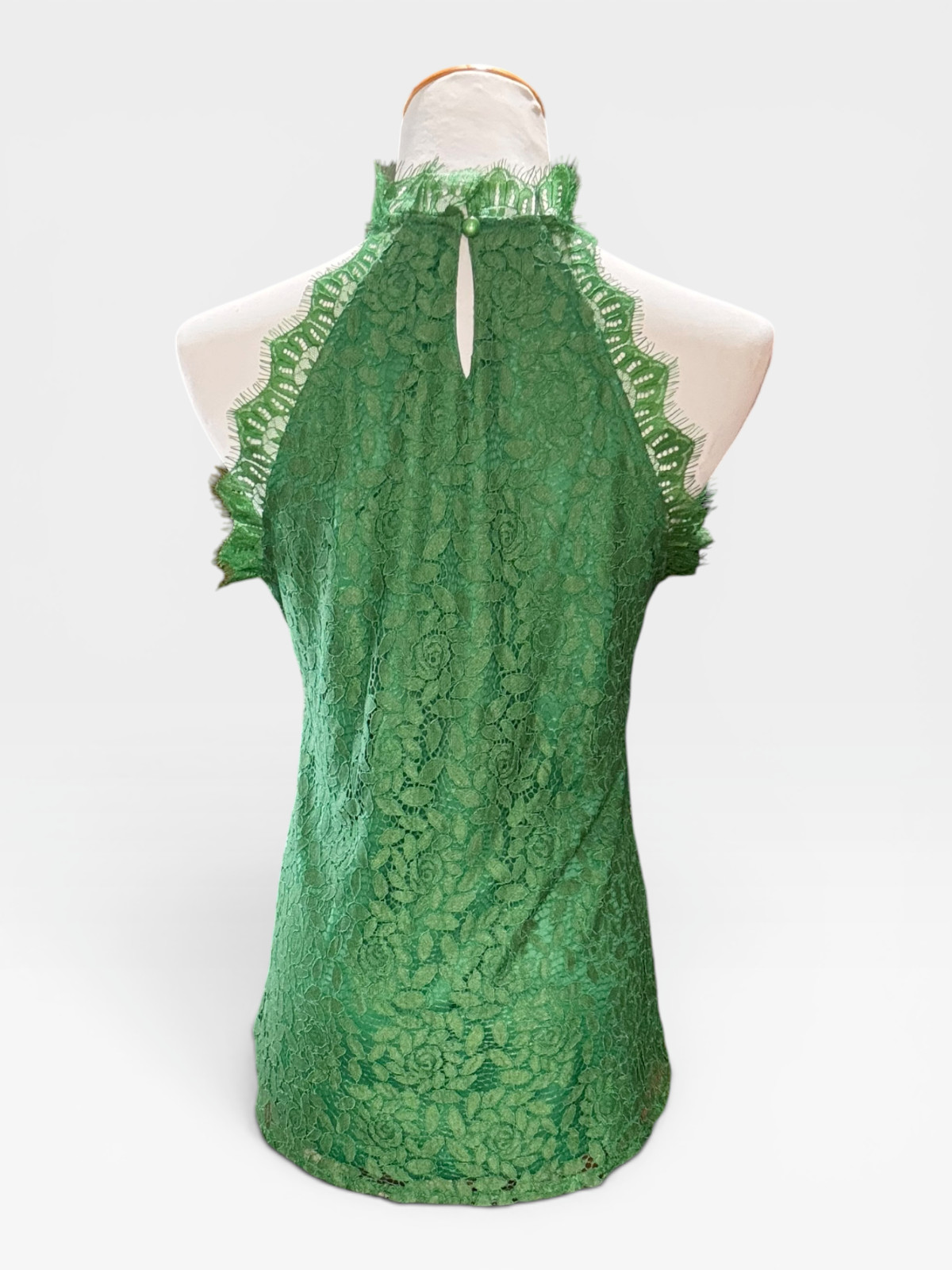 Green Lace Overlay A Line Tank Blouse Key Hole Button Closure Delicate Size Med