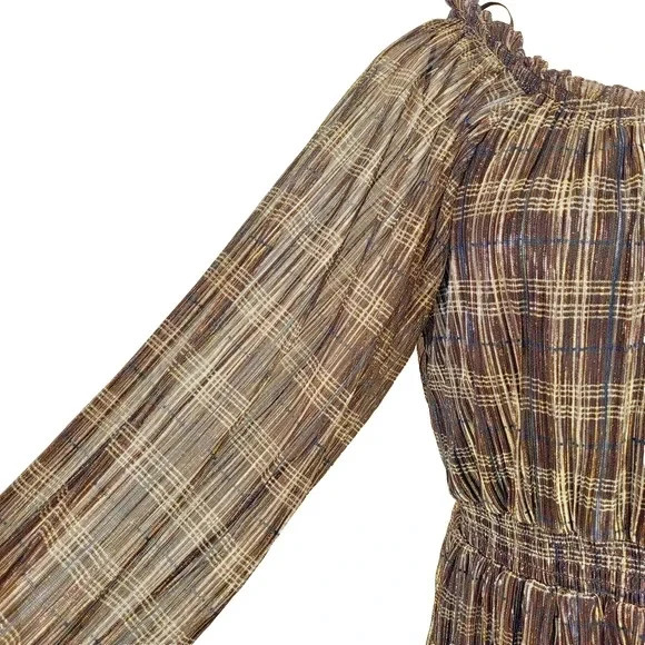 Knox Rose Large Brown Black Gold Plaid Blouse Sheer Lined Peplum Elastic Waist