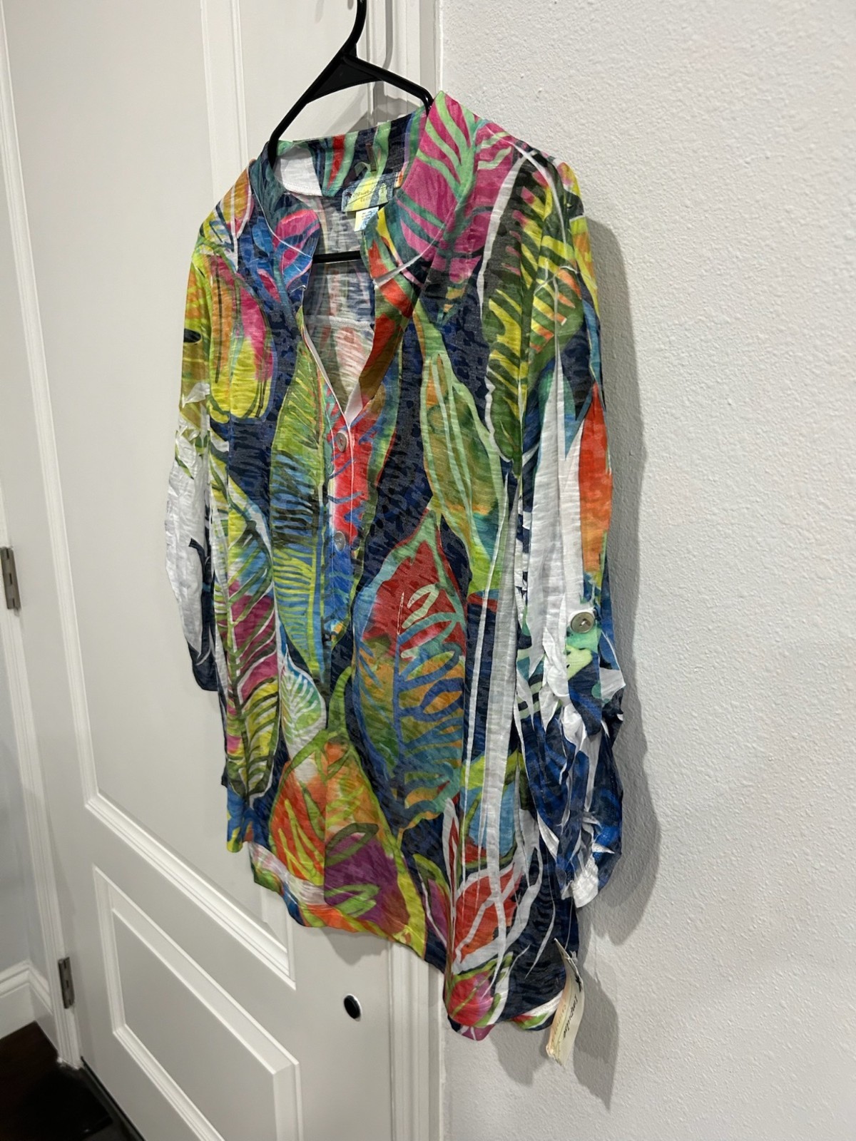 Impulse California Tropical Leaf Print Blouse Multicolor Sz Large Beach NWT