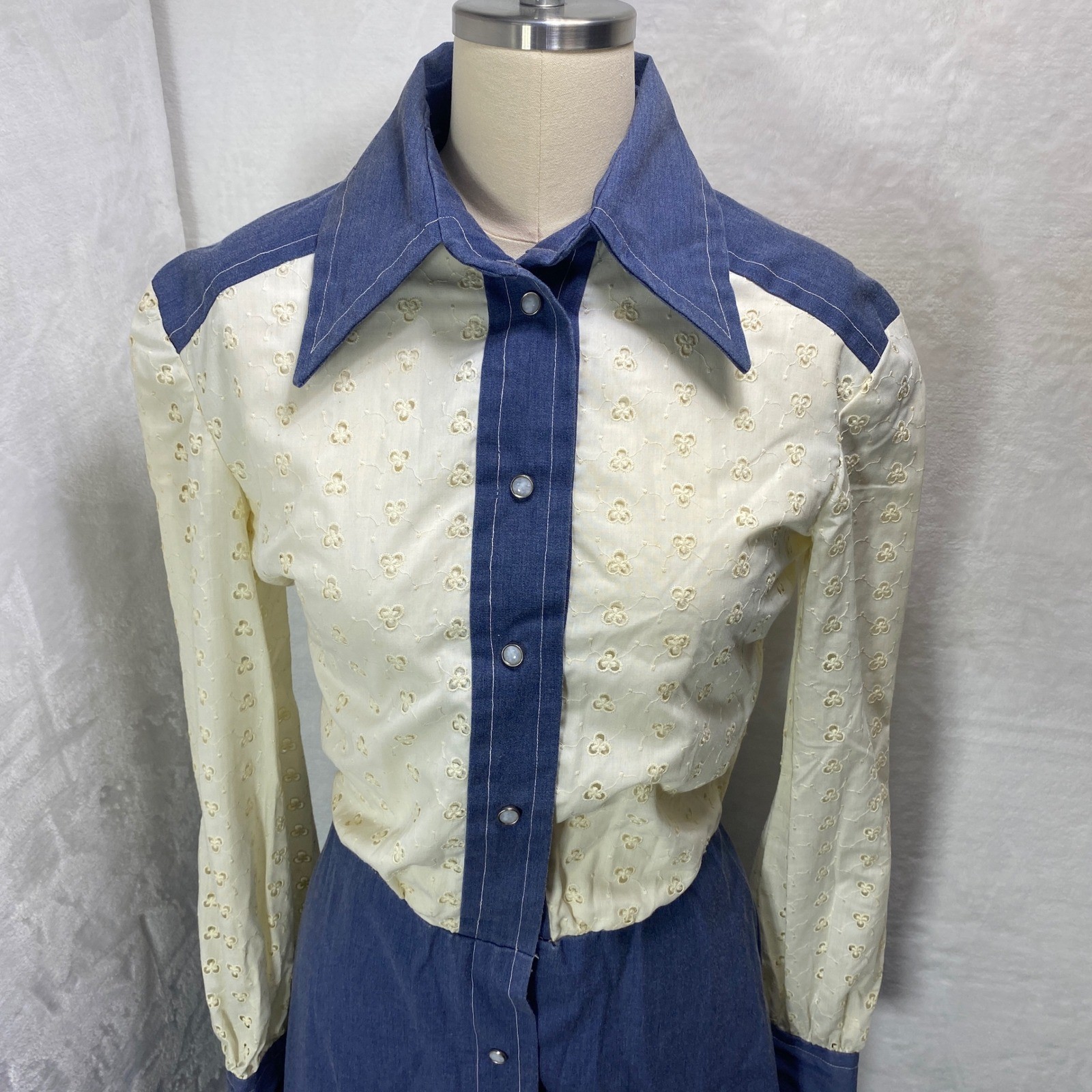 VTG Home Made Hand Made Western Style Denim Color & Eyelet Prairie Maxi Dress