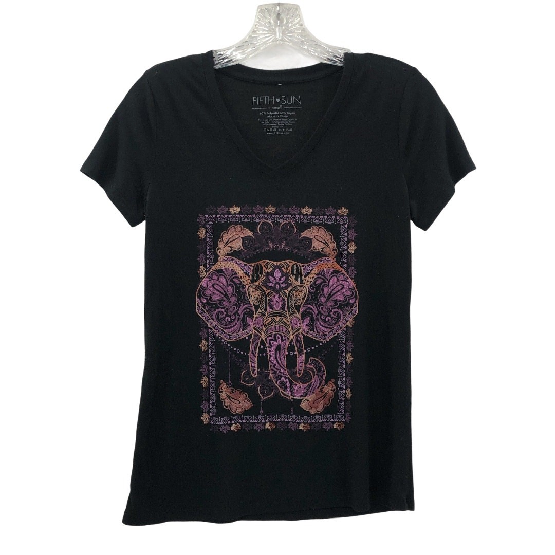 Fifth Sun SMALL Asian Elephant Henna Doodle Black Burnout Tee Small V Neck Shirt