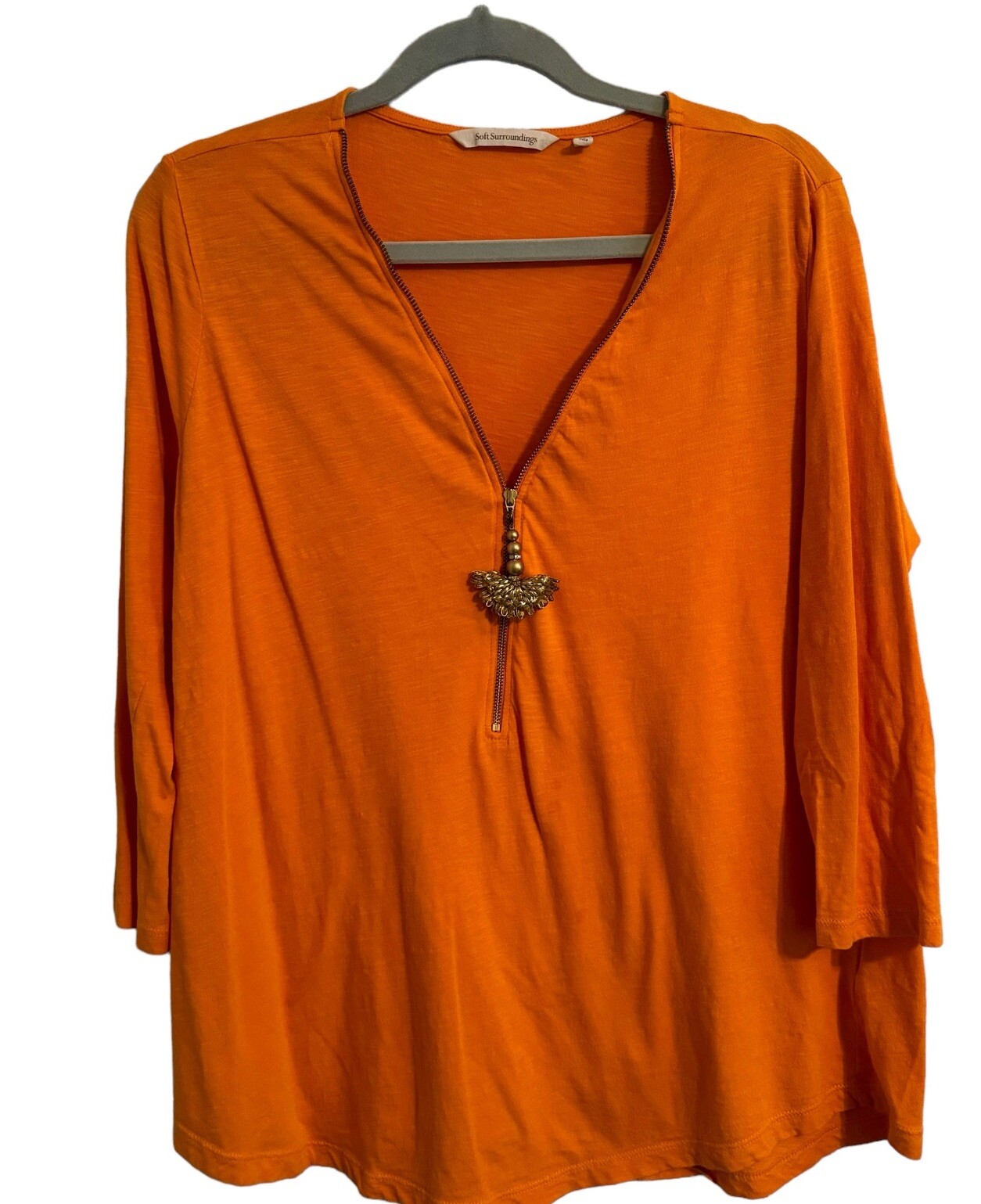 Soft Surroundings Orange Cotton 1/2 Zip Top Decorative Tassel Zipper Pull Sz M