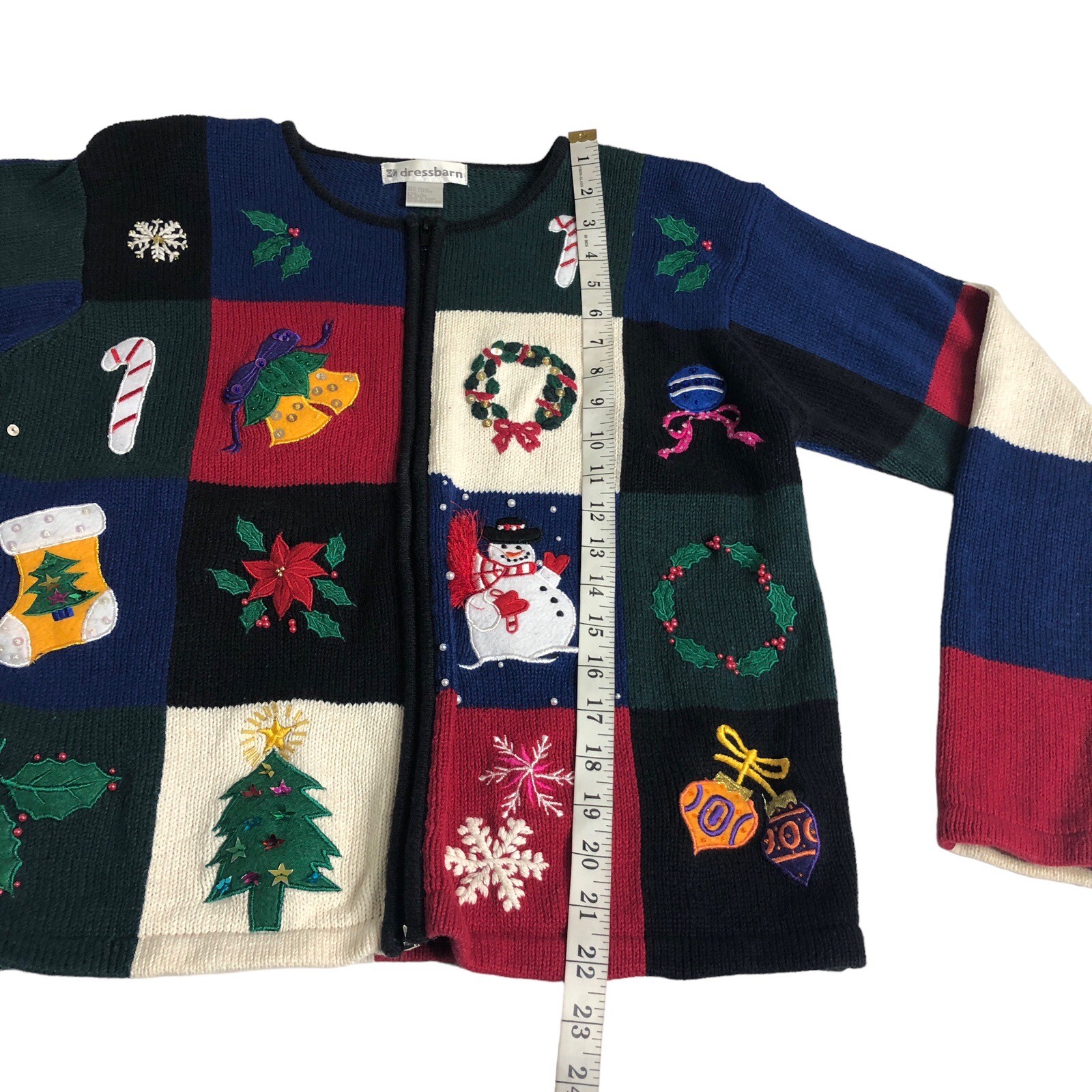 Vintage Dressbarn Christmas Cardigan Sweater Women L Knit Patchwork Sequin Zip