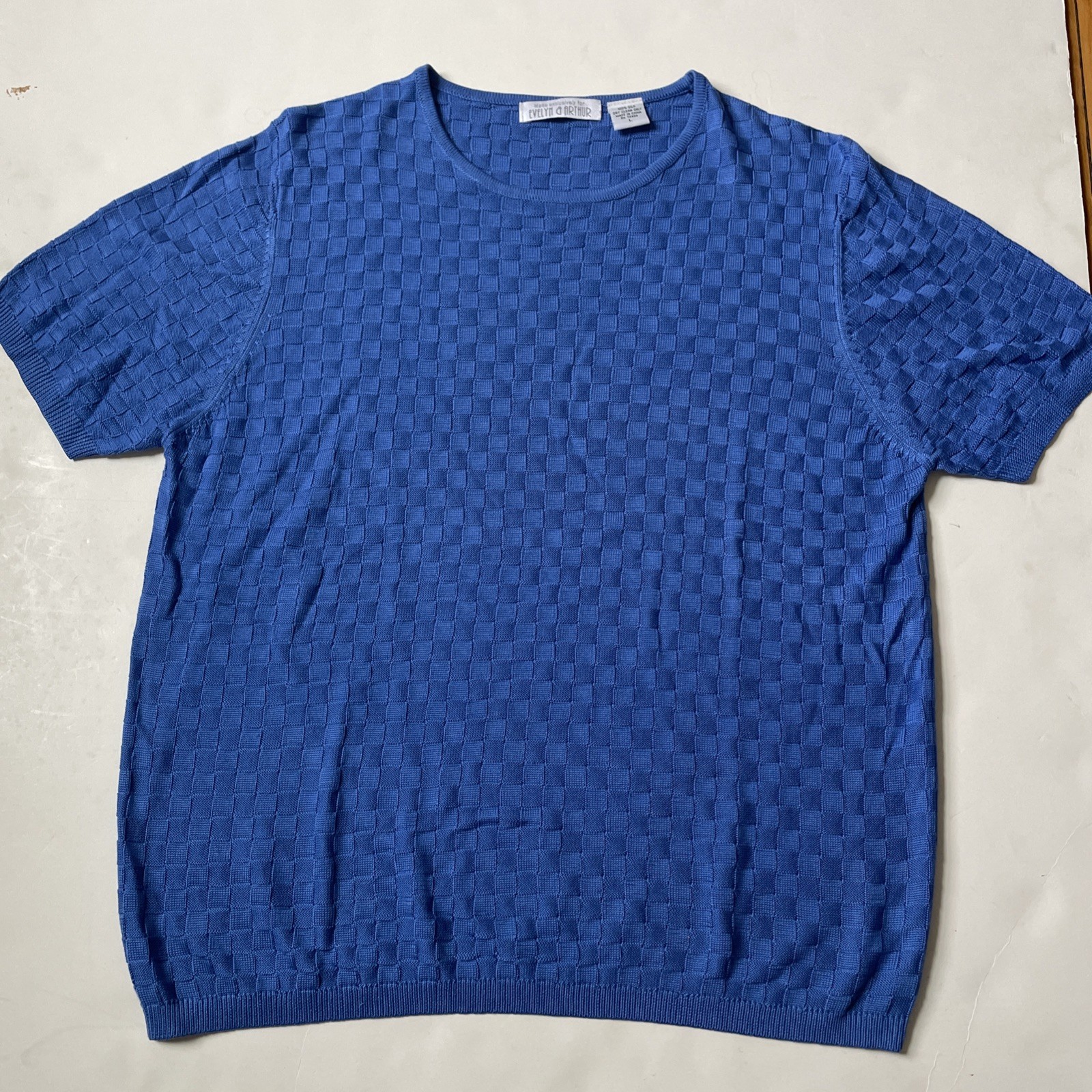 Evelyn & Arthur 100% Silk Blue Check Sweater Womens Size Large EUC