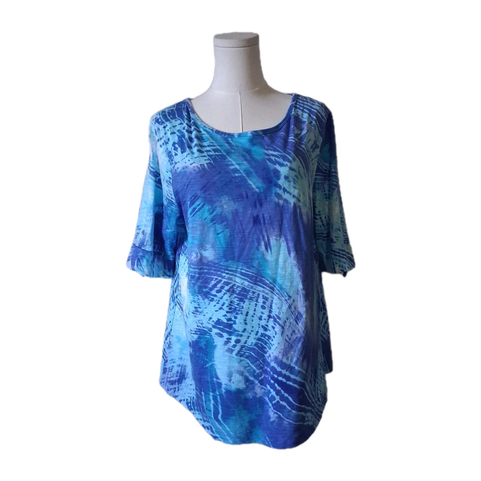 Chico’s Tie Dye Top Women’s 2 Large Blue White Scoop Neck Knit Pullover Casual