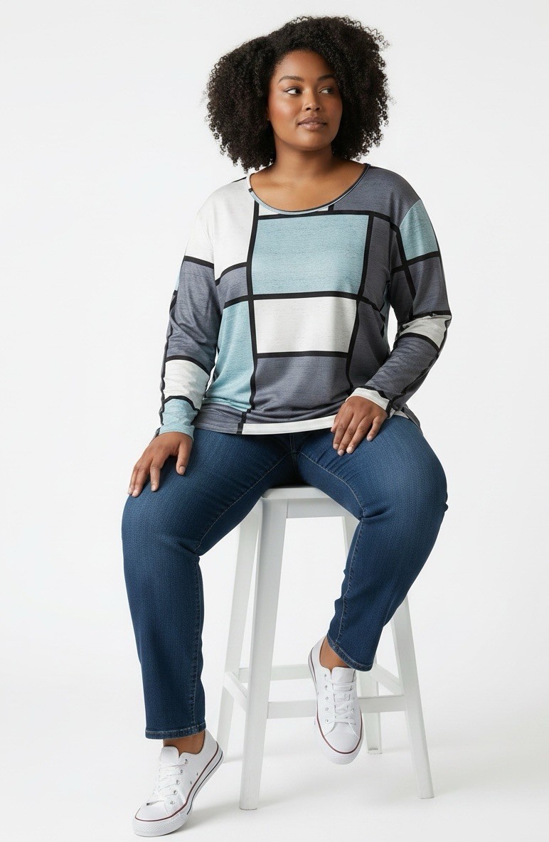 Women’s Plus 5XL Multicolor Colorblock Round Neck Long Sleeve Pullover Top