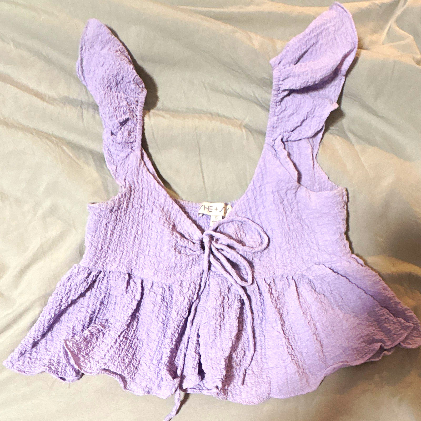 Purple Seersucker Triangle Neck Cropped Ruffle Tie Tank Top Womens S