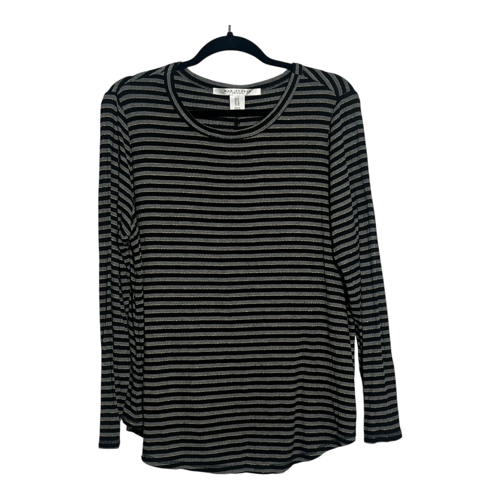 MAX STUDIO WOMAN Black Gray Stripe Long Sleeve Glitter Top Shirt Plus Size 1X