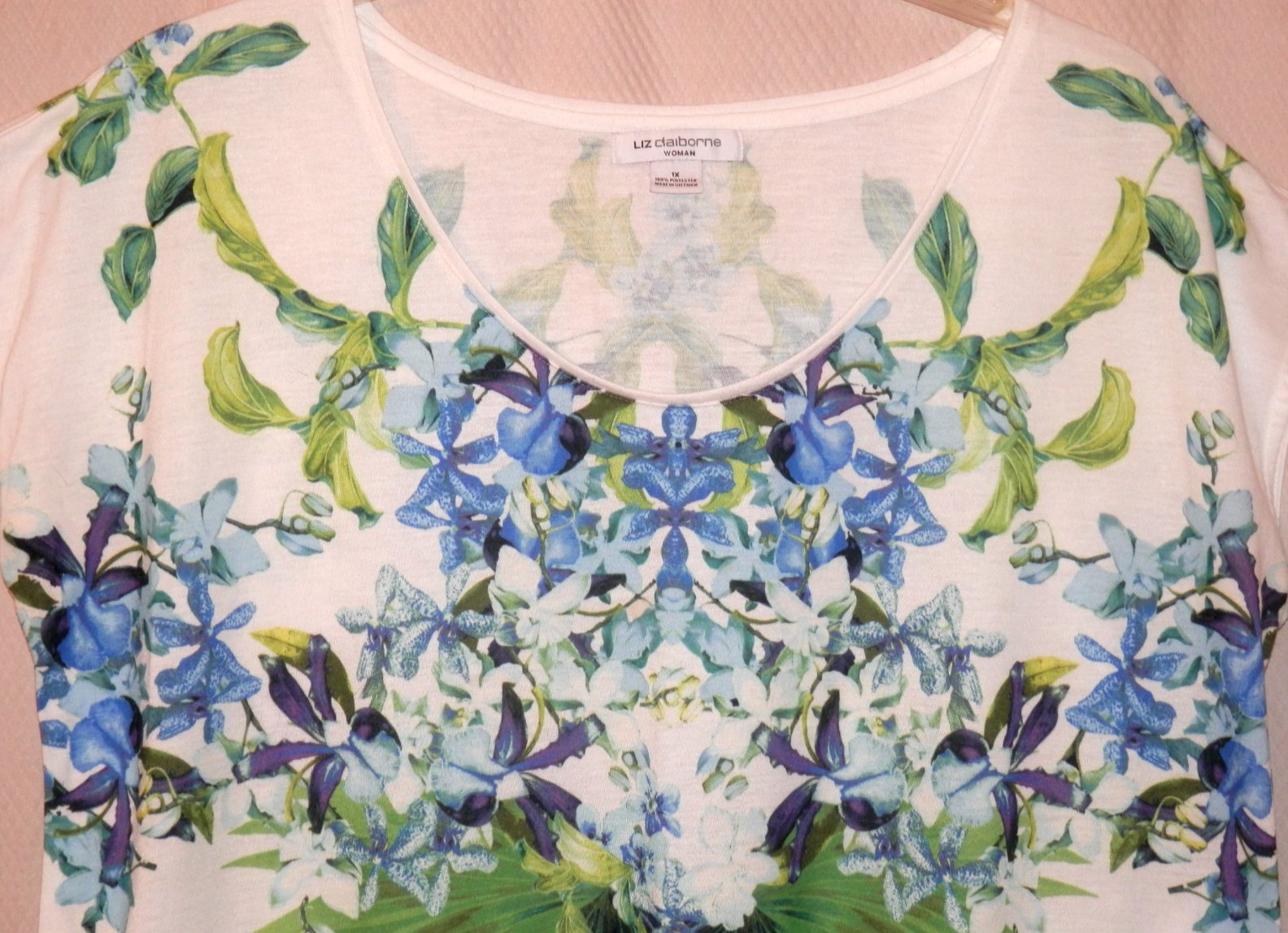 Liz Claiborne Sleeveless Cotton Knit Top sz. 1X White/Blue.Green Tropical Print