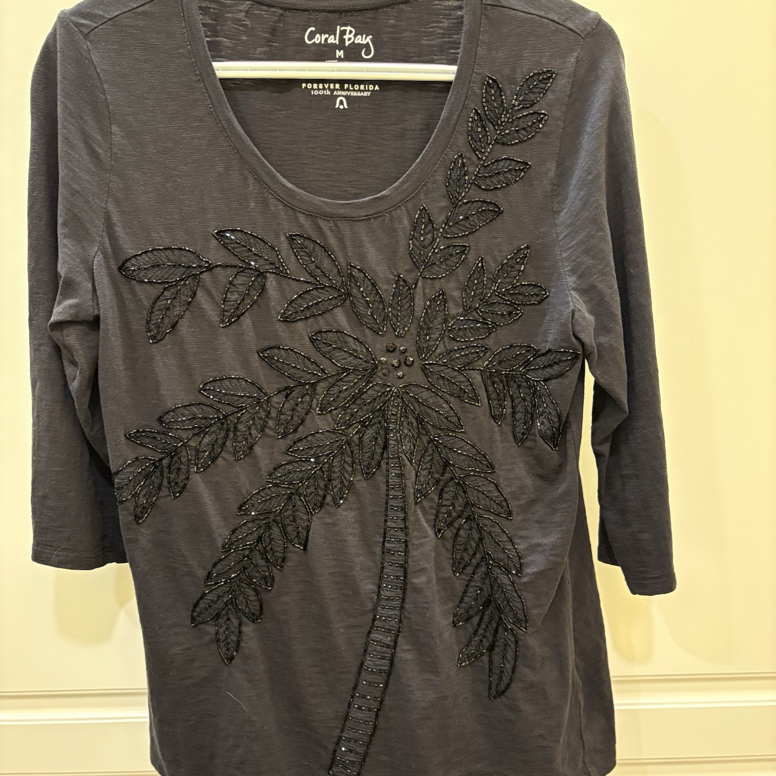 Coral Bay Embellished Black Top 3/4 Sleeve Size Med Sparkly Beaded Palm Tree
