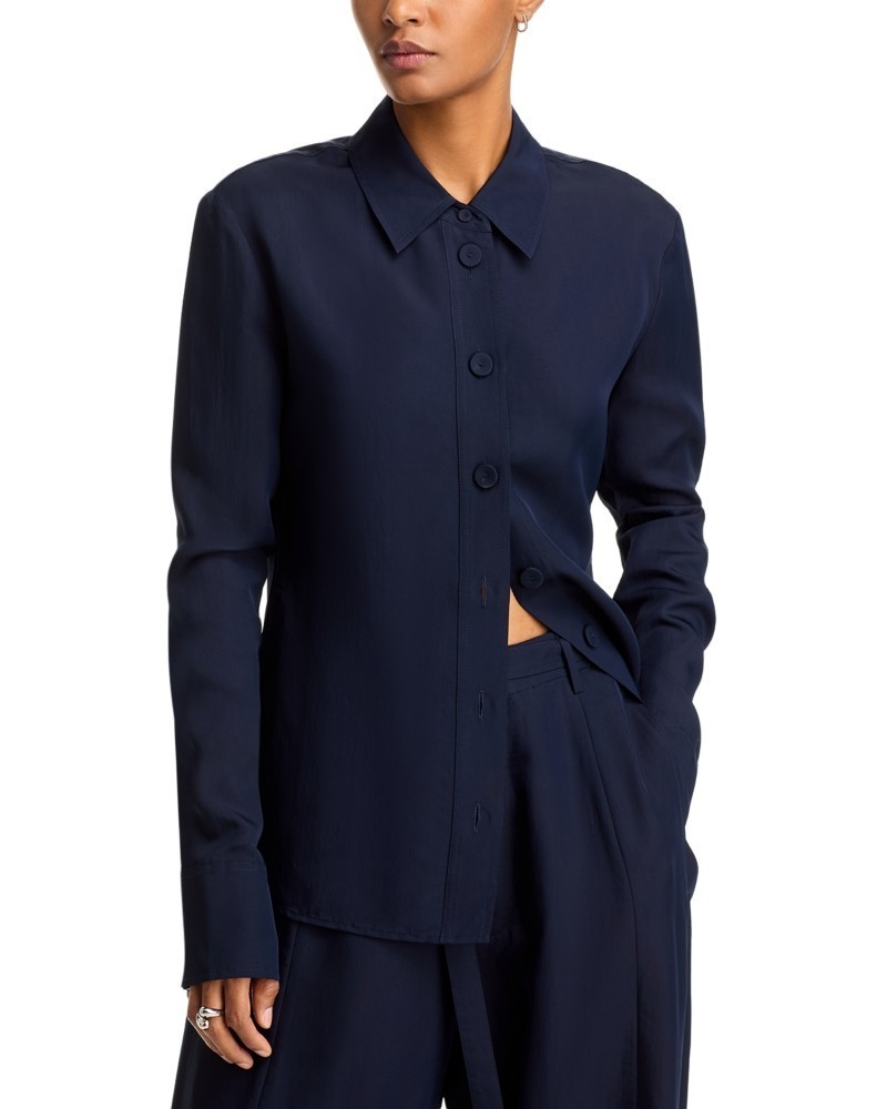 Co Silk Blend Fitted Shirt Women’s Large Navy Solid Long Sleeve Button Closure
