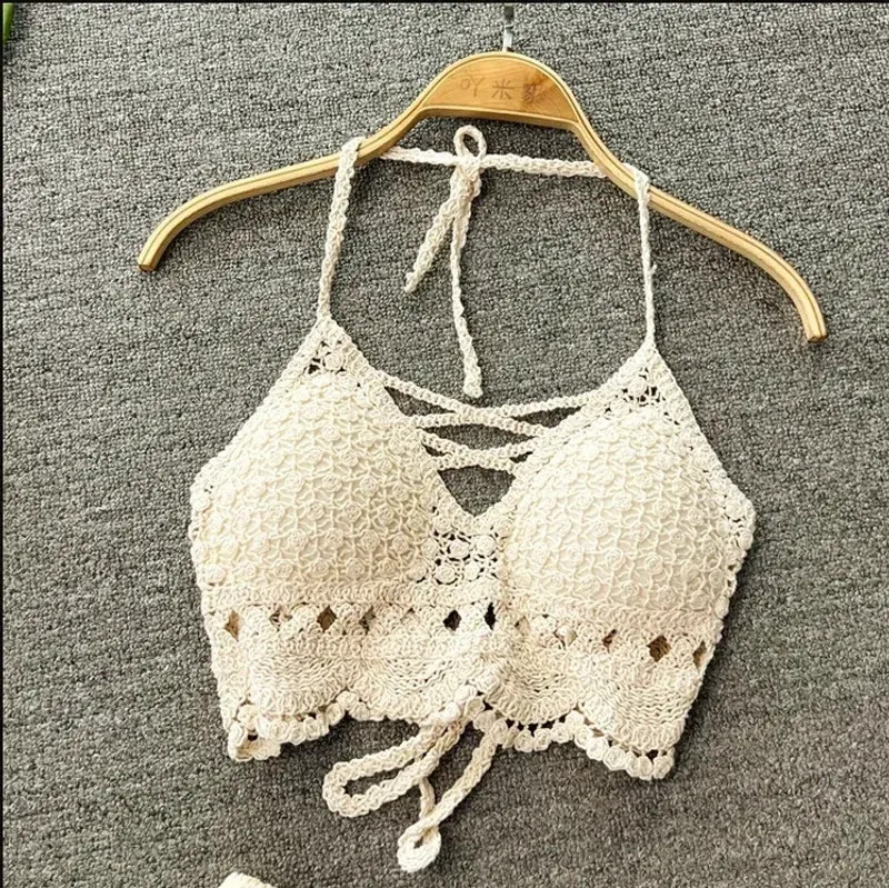 2026 Women Crop Top Retro Hollow Perspective Tassel Spaghetti Strap Built In Bra