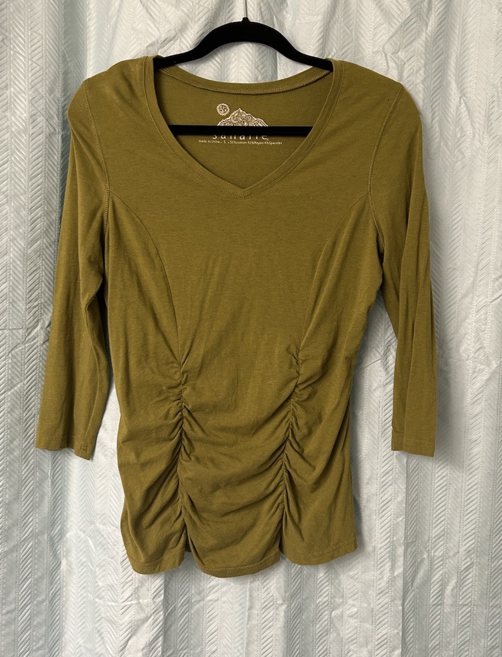 SAHALIE Top Rouching Chartreuse Green CUTE Large Women’s V Neck Shirred