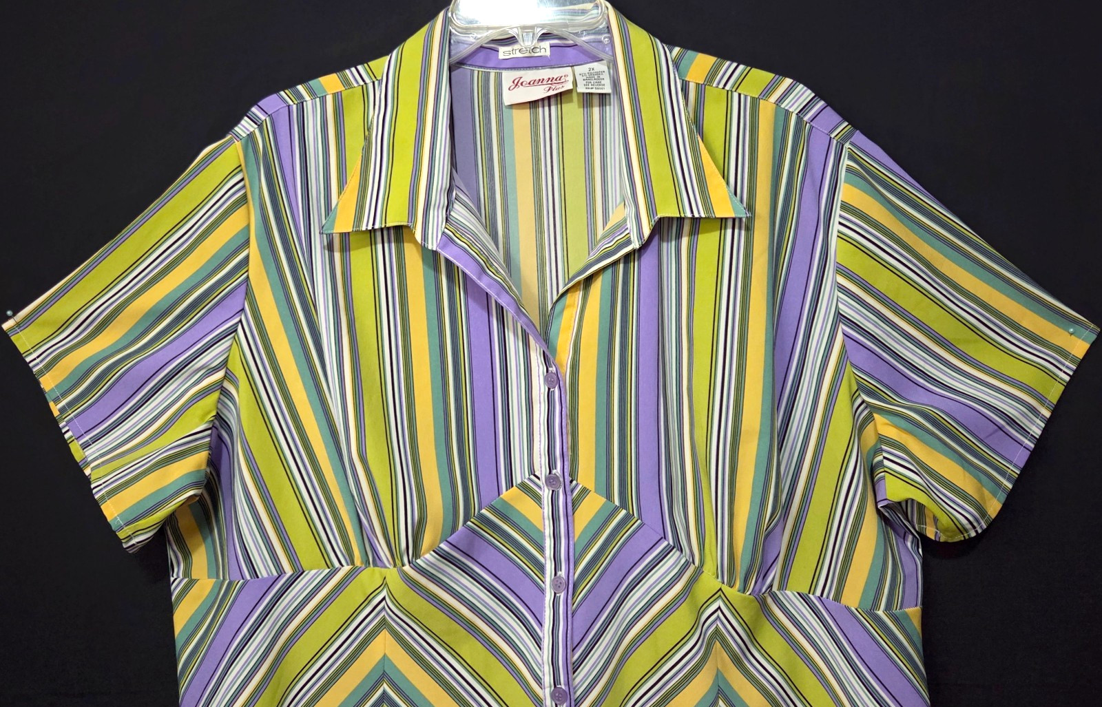 Joanna Plus Stretch Short Sleeve Button Up Top Semi-Fitted Chest Striped Size 2X
