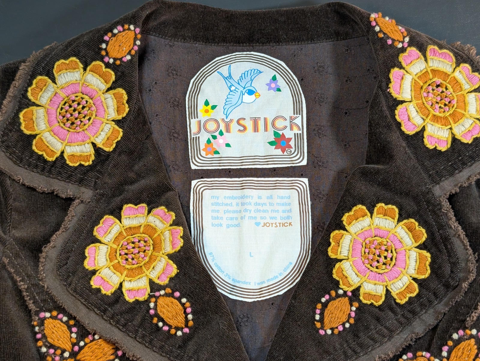 Johnny Was Joystick Large Embroidered Sunflower Corderoy Jacket Lined
