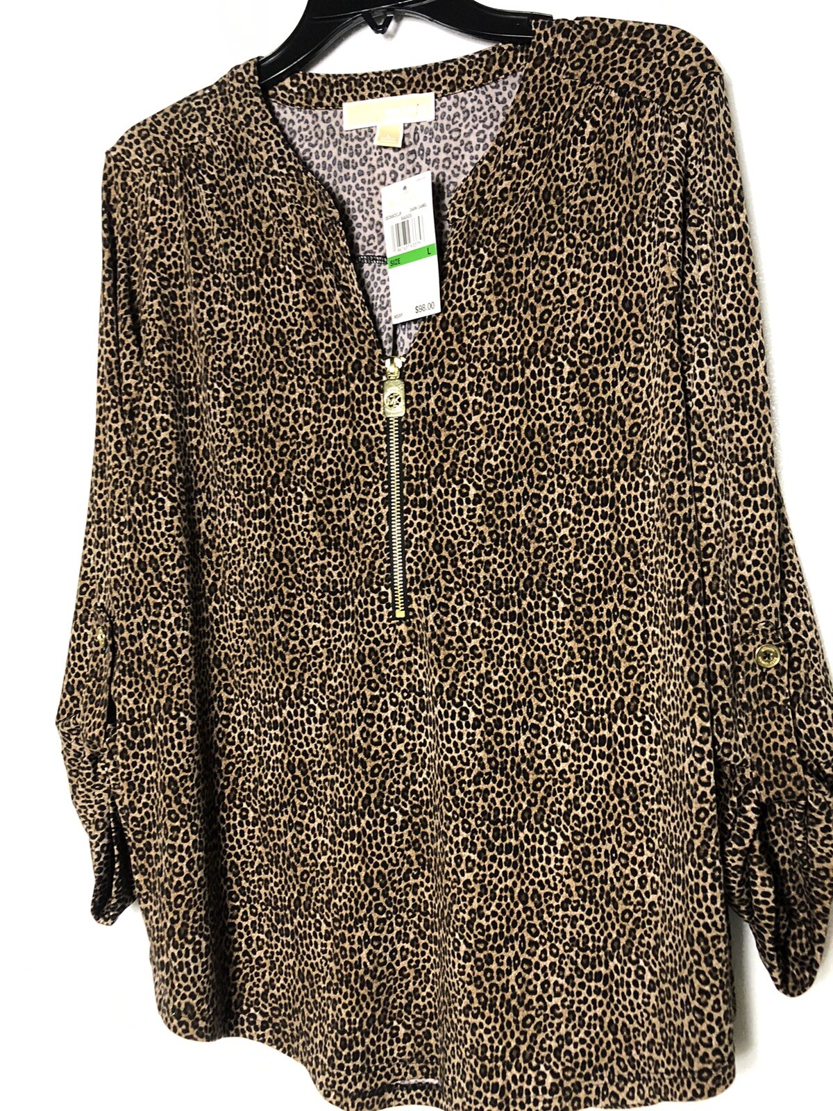 Michael Kors Womens LG Top Cheetah Dk Camel 1/2 Zip 3/4 Sleeve $98 Tag Free Ship