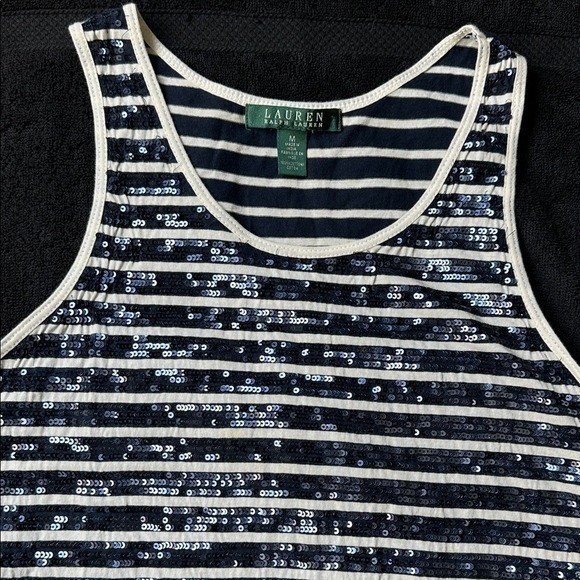 Lauren Ralph Lauren Navy and Cream Striped Sequin Tank Top Cotton Medium