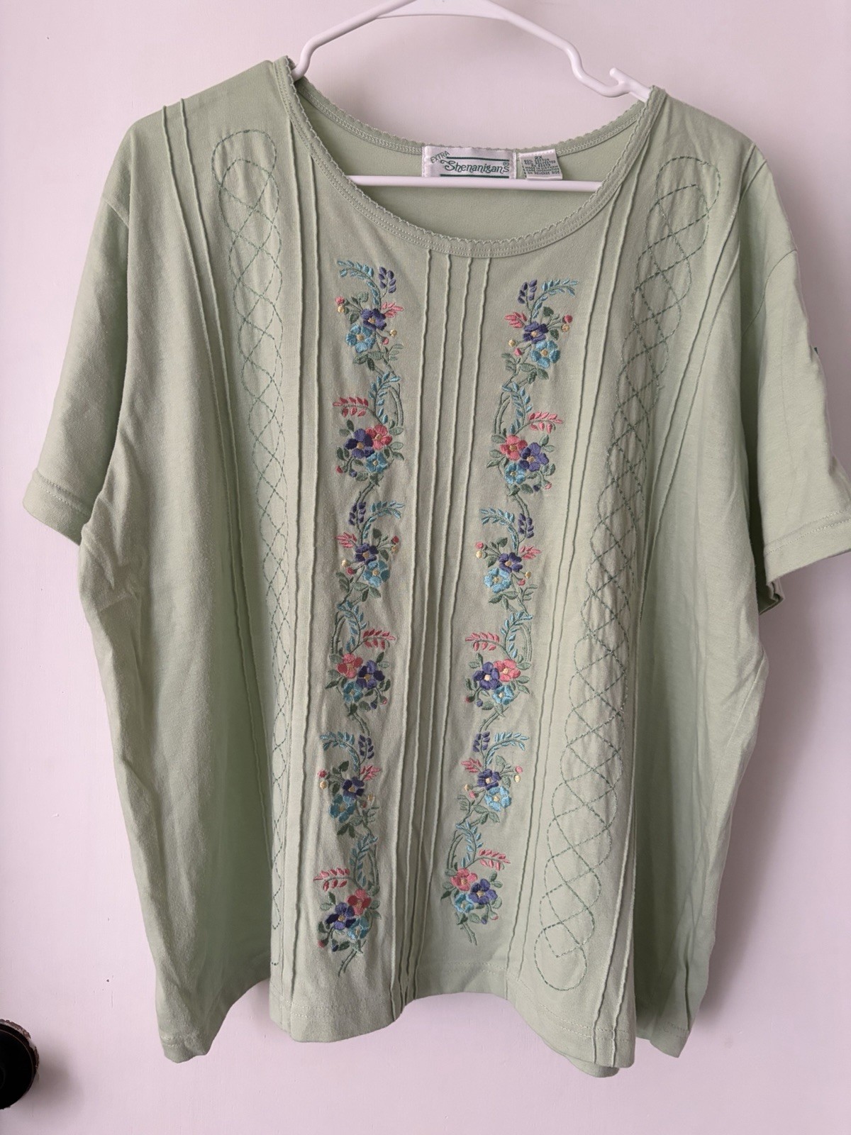 Vintage 90s Stenanigans Floral Embroidered Top 2X Sage Grandmacore Cottagecore