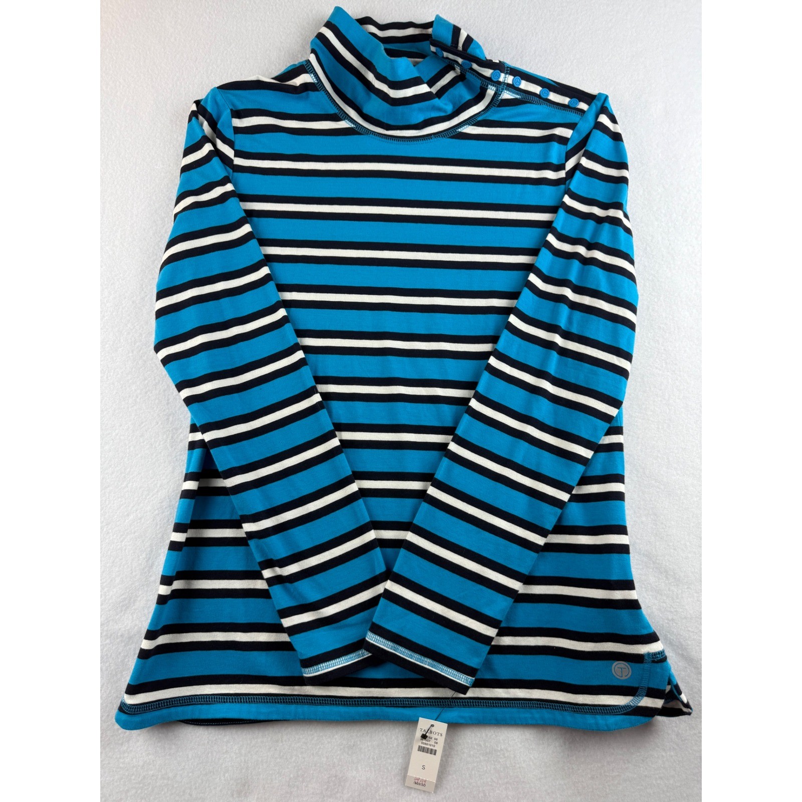 T by Talbots Womens Striped Button Shoulder Mock Neck Top Turquoise Small