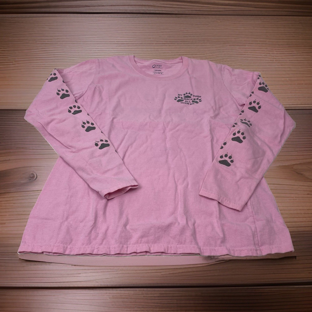 Port & Company Pug Dog Lovers Womans M Medium Pink Graphic Long Sleeve T Shirt