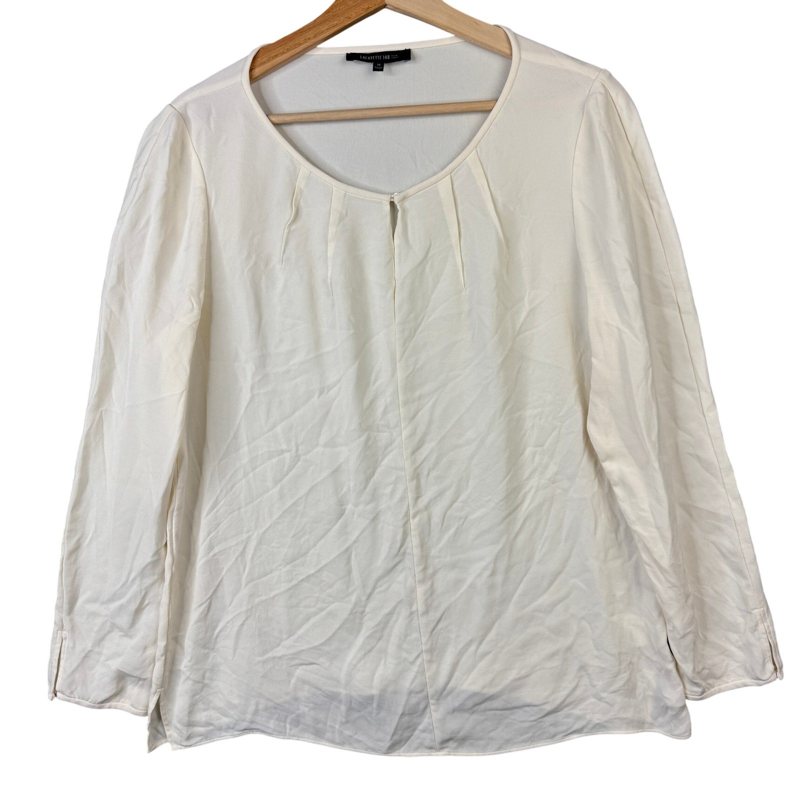 Lafayette 148 New York 100% Silk Pleated Keyhole Blouse Cream Ivory Size 12