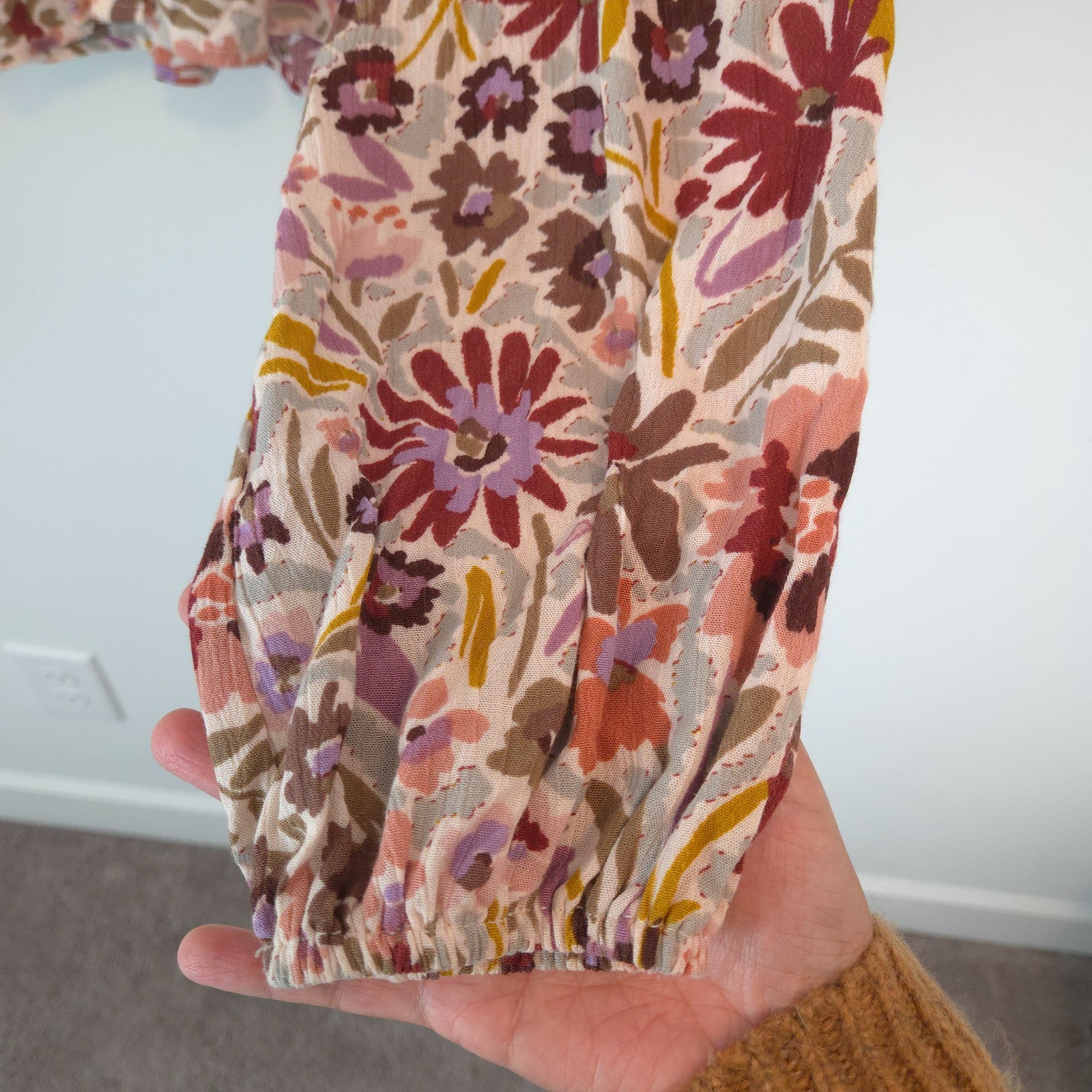 Promesa Women’s Boho Floral Print Blouse Button Front Boxy Long Sleeves Size L