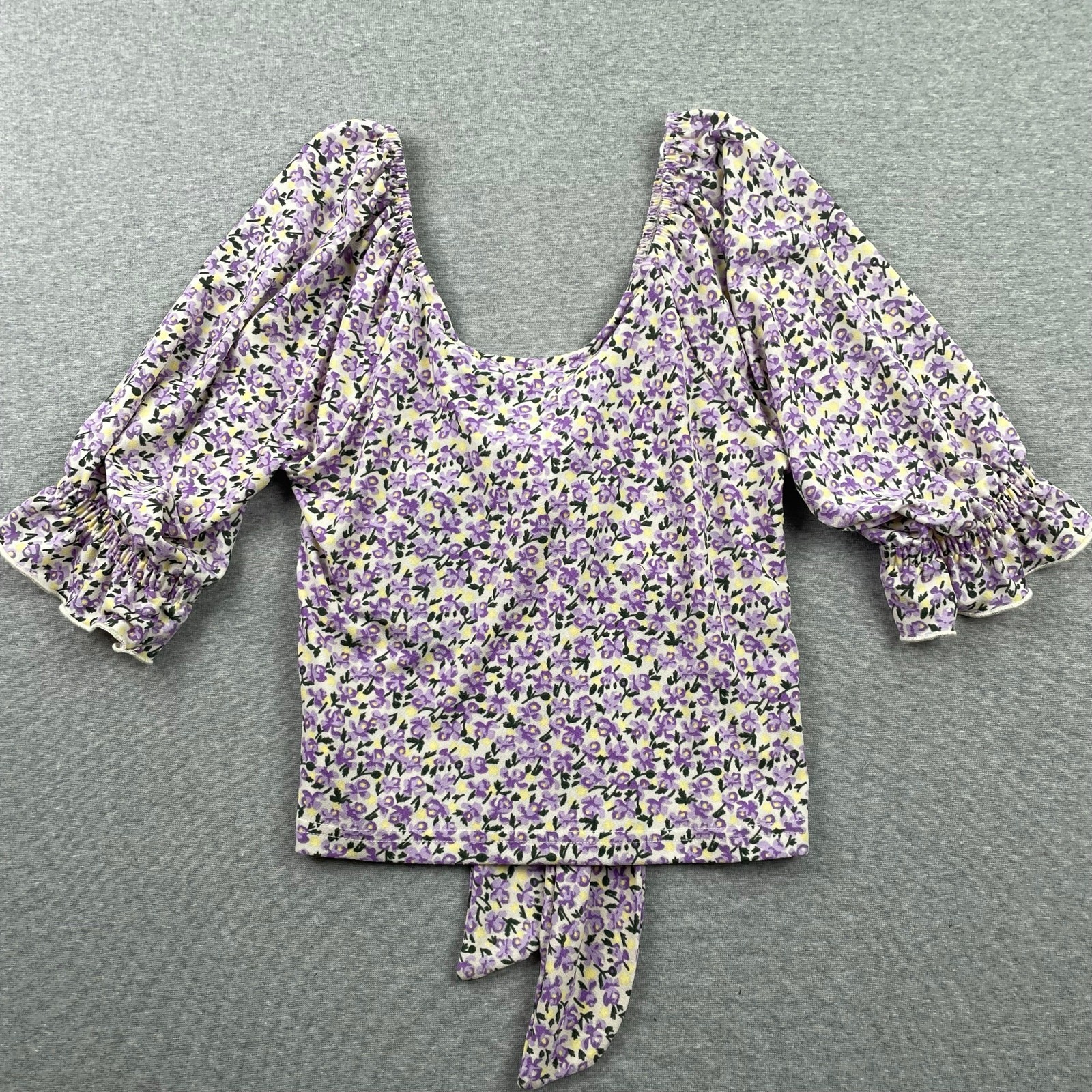Vero Moda Top XS Purple Floral Tie Front Scoop Neck Boho Peasant Crop Preppy