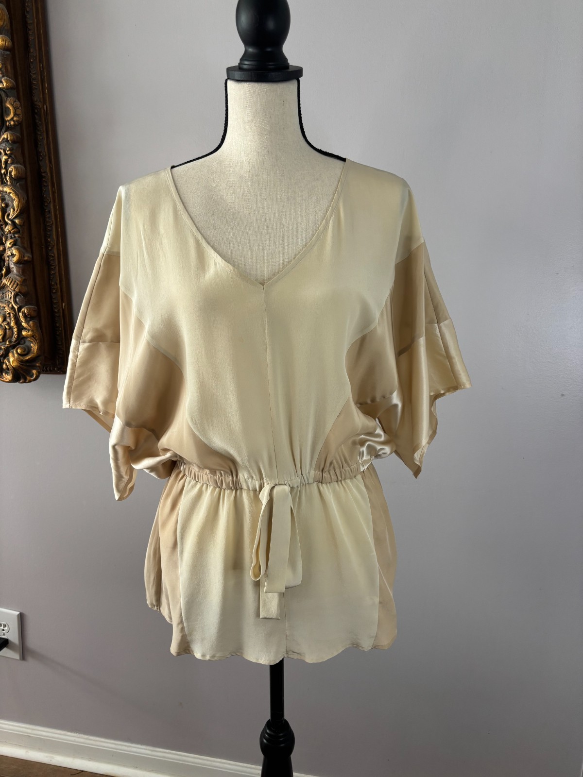 Ella Moss 100% Silk Blouse Large Champagne Kimono Sleeve Tie Waist Top Quiet Lux