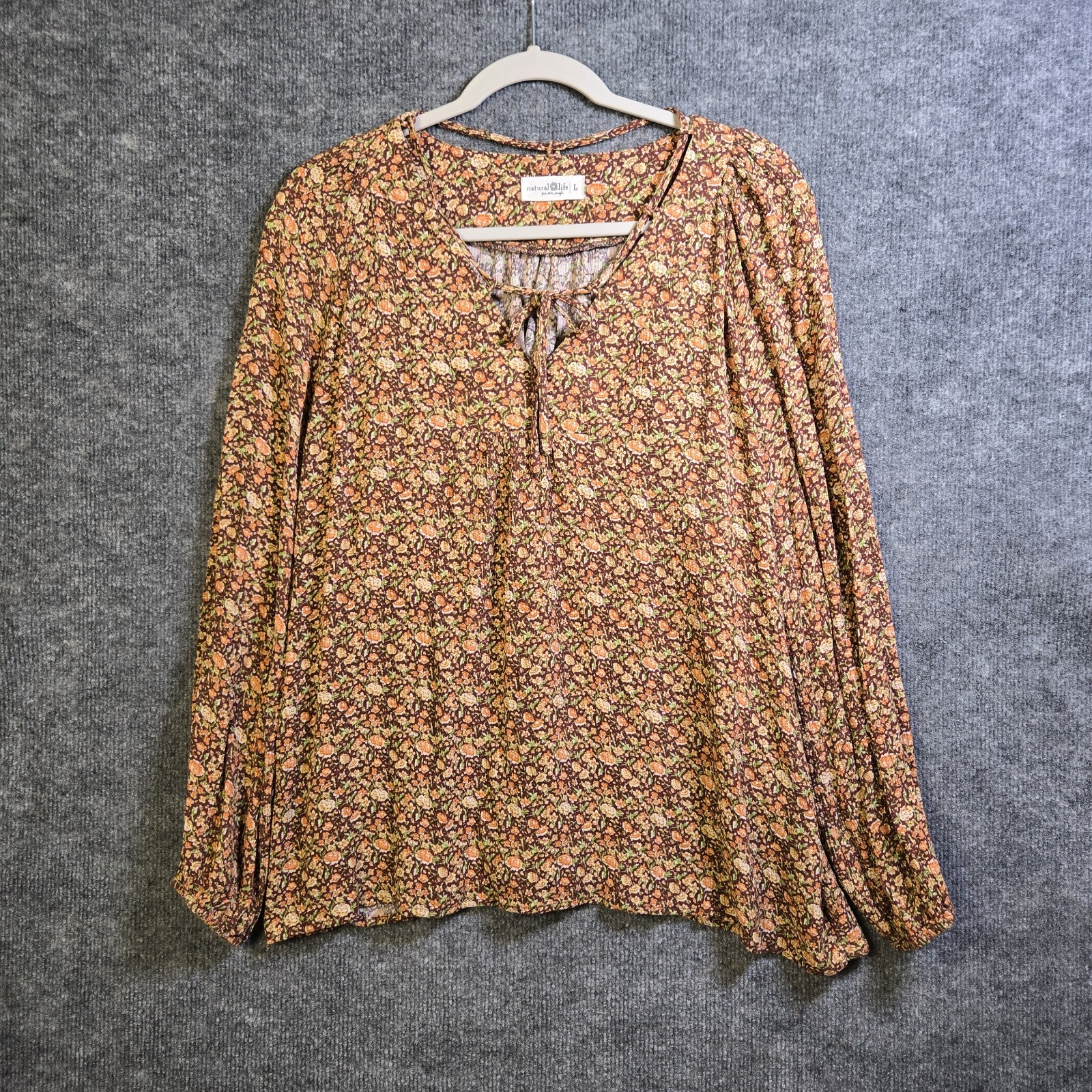 Natural Life Top Womens L Brown Orange Wildflower Boho Hippie Prairie