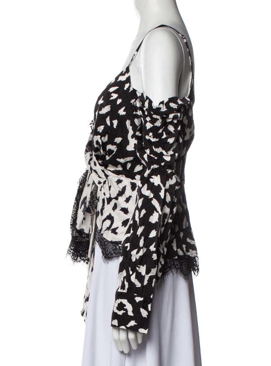 self-portrait Cream Black Leopard Chiffon V-Neck Long Sleeve Zip Wrap Top 4