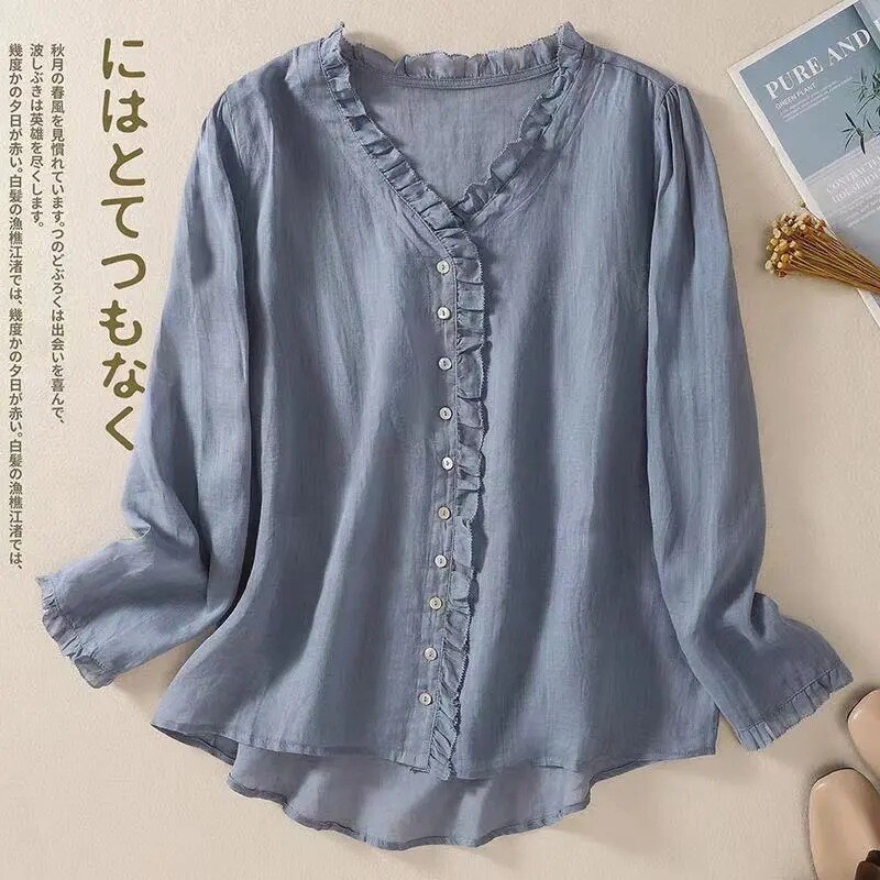 Women’s New Spring Loose V-Neck Wrinkled Sexy Shirt Long-Sleeved Comfortable Top
