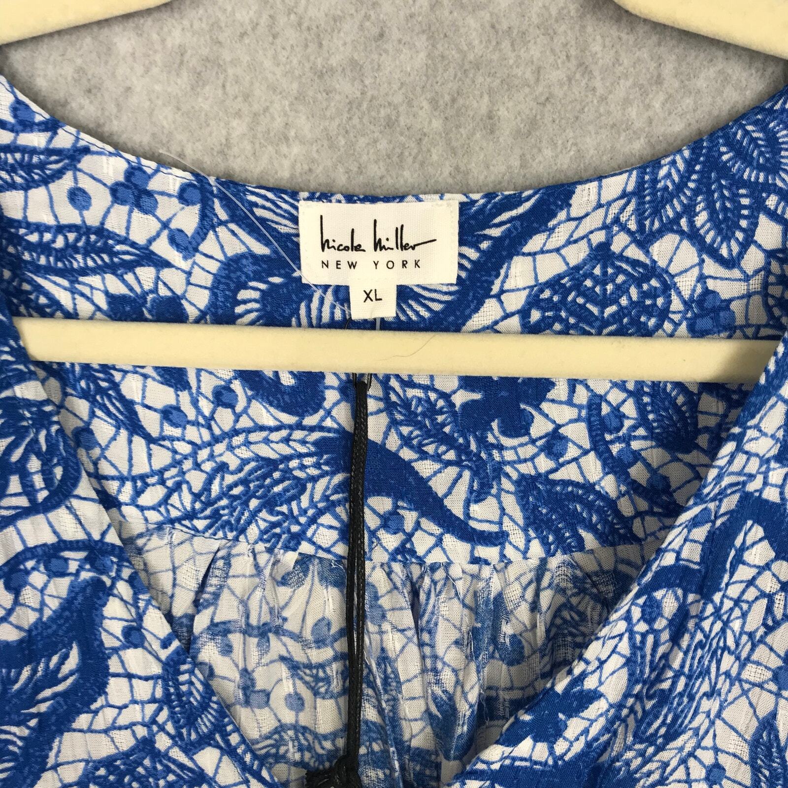 Nicole Miller Top Women XL Blue White Bloom Blouse Ruffle Career Church Coastal