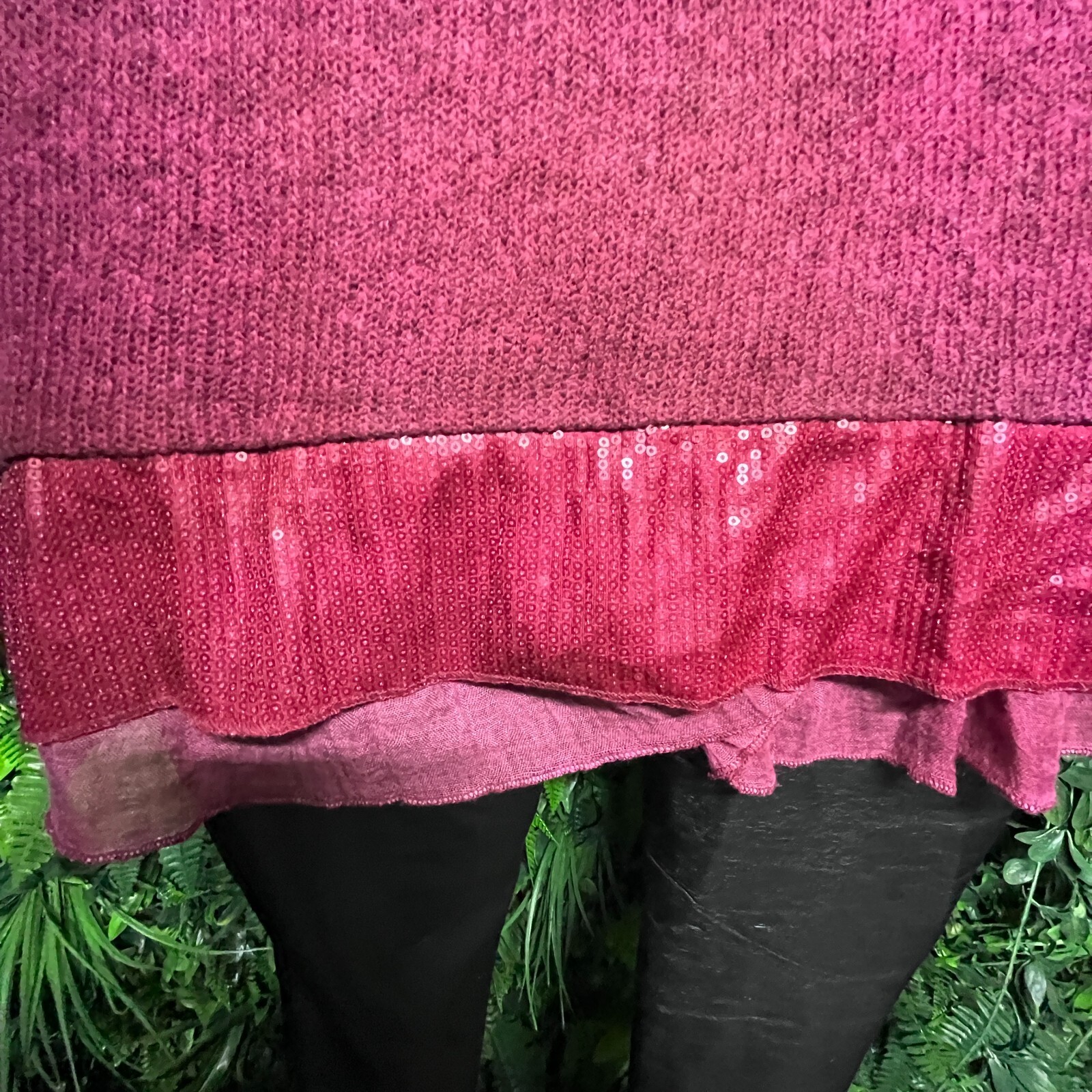 FANTAZIA Tops Women XL Wine Red Embroidered Sequin Lace Knit Blouse Detail 1247