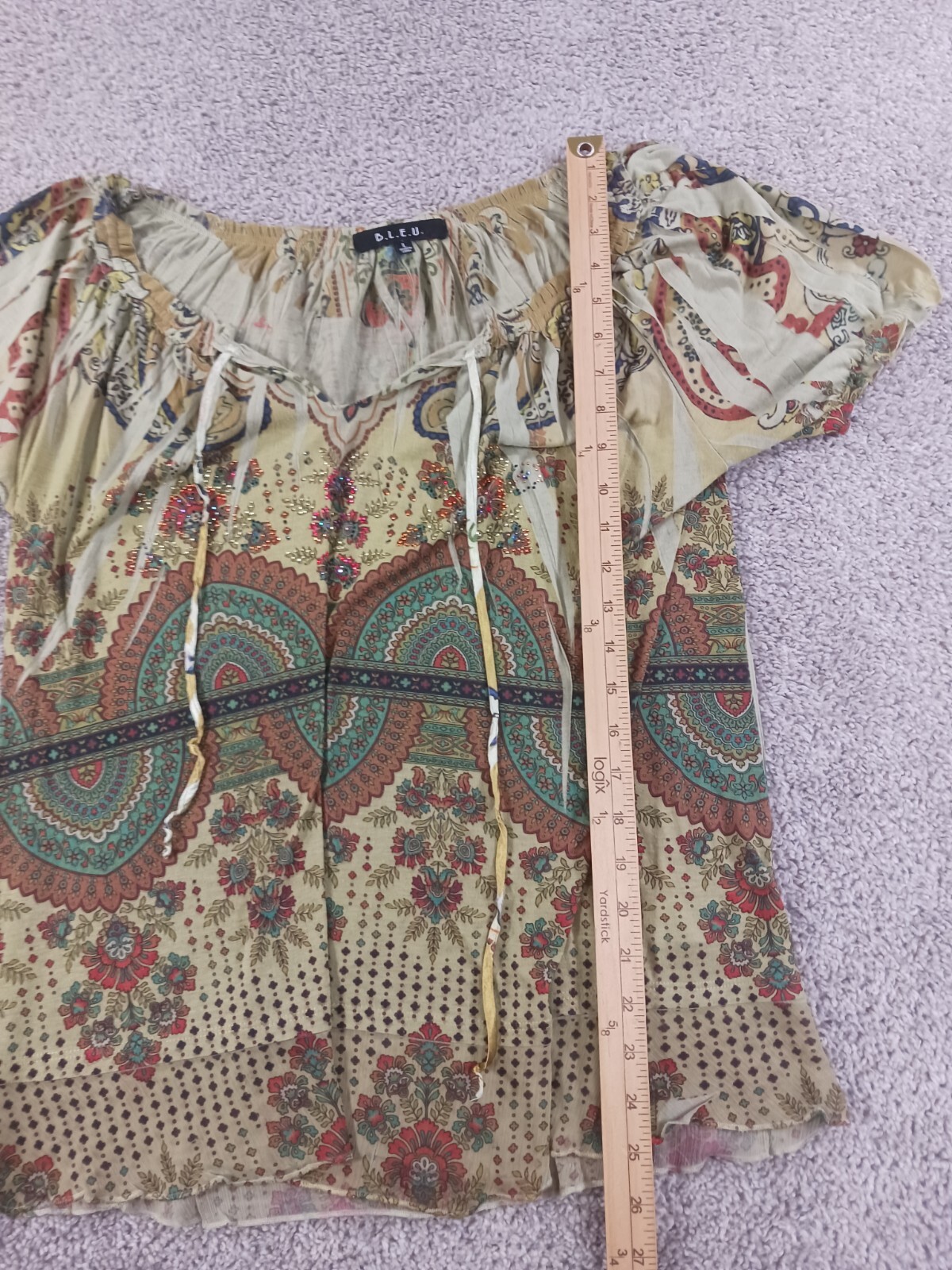BLEU Womens Short Sleeve Shirt Large Beige Geometric Polyester