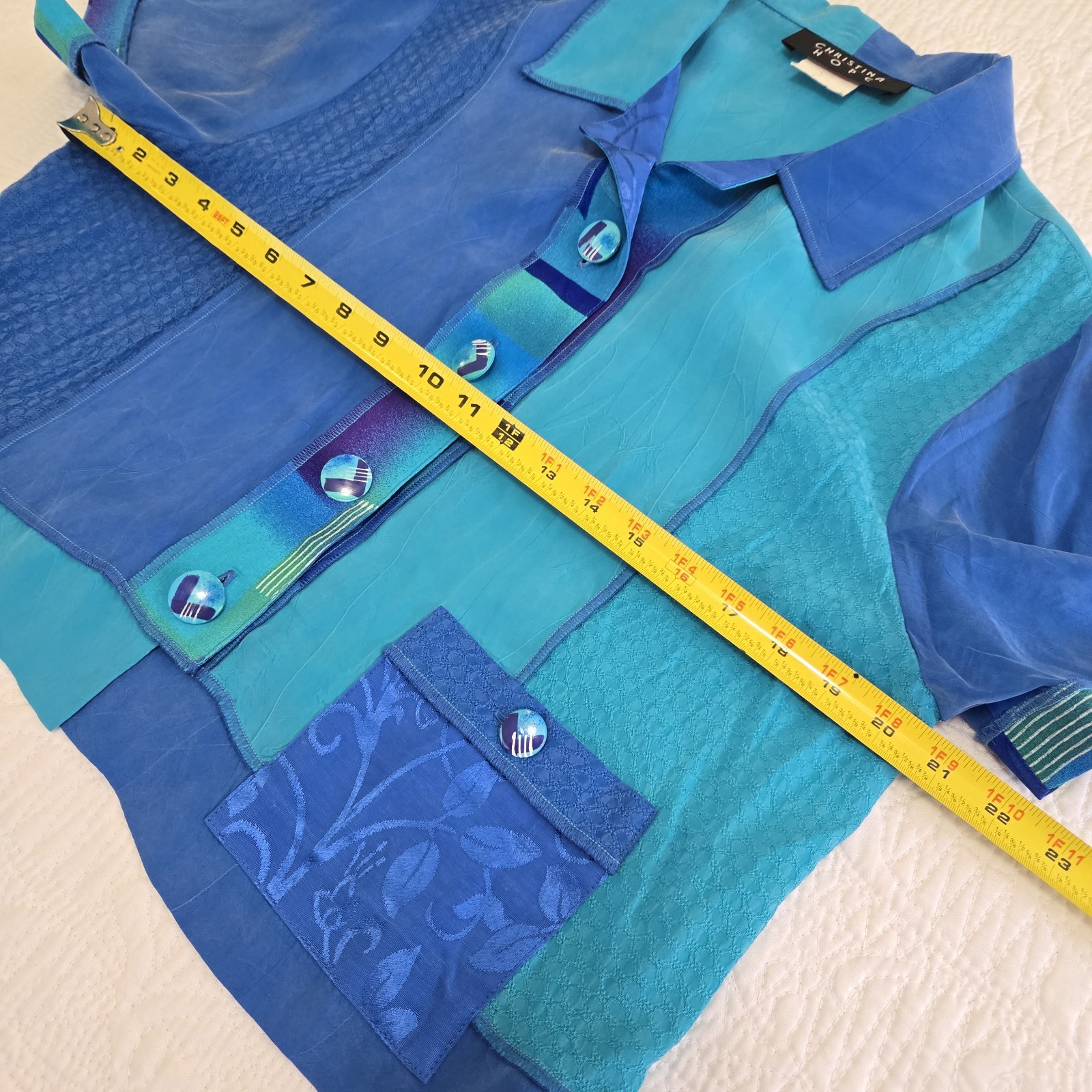 Vtg Christina Hope Mixed Media Button Up Exposed Hem Patchwork Artstly Aqua Blue